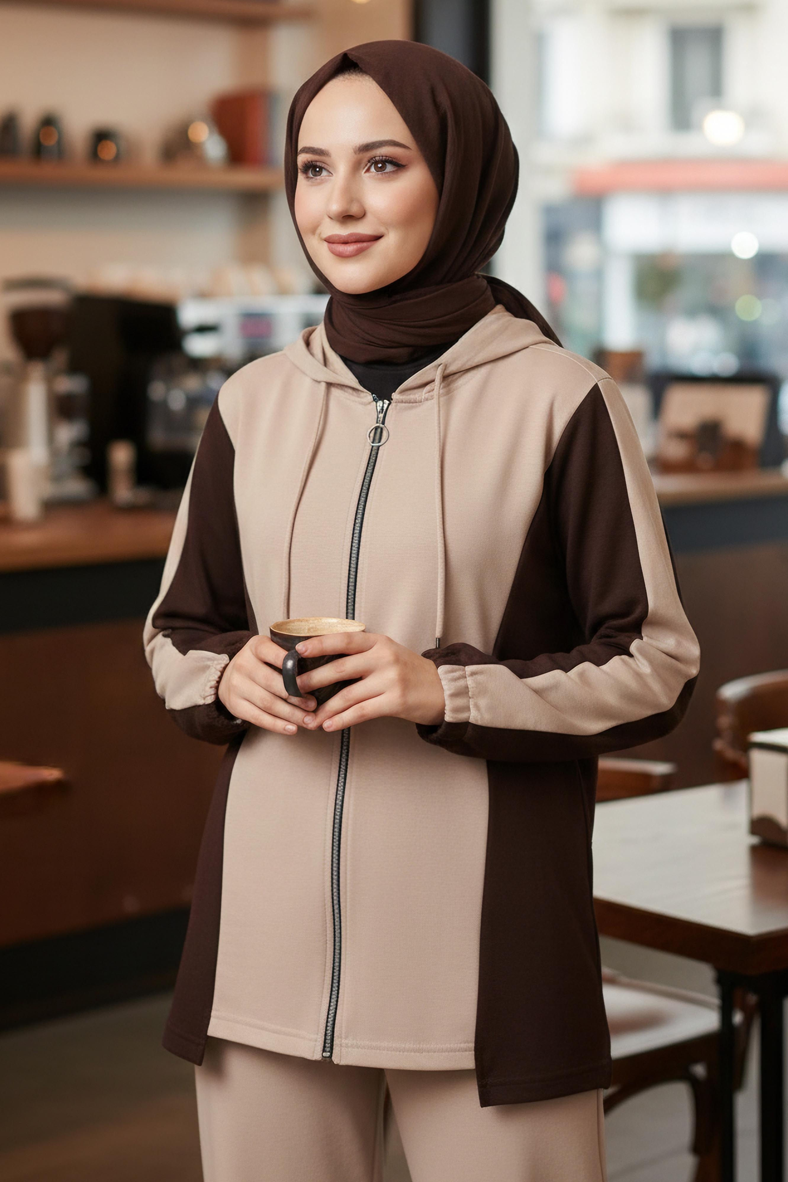 Garnili Fermuarlı Modal İkili Takım - 1007-KREM - 2