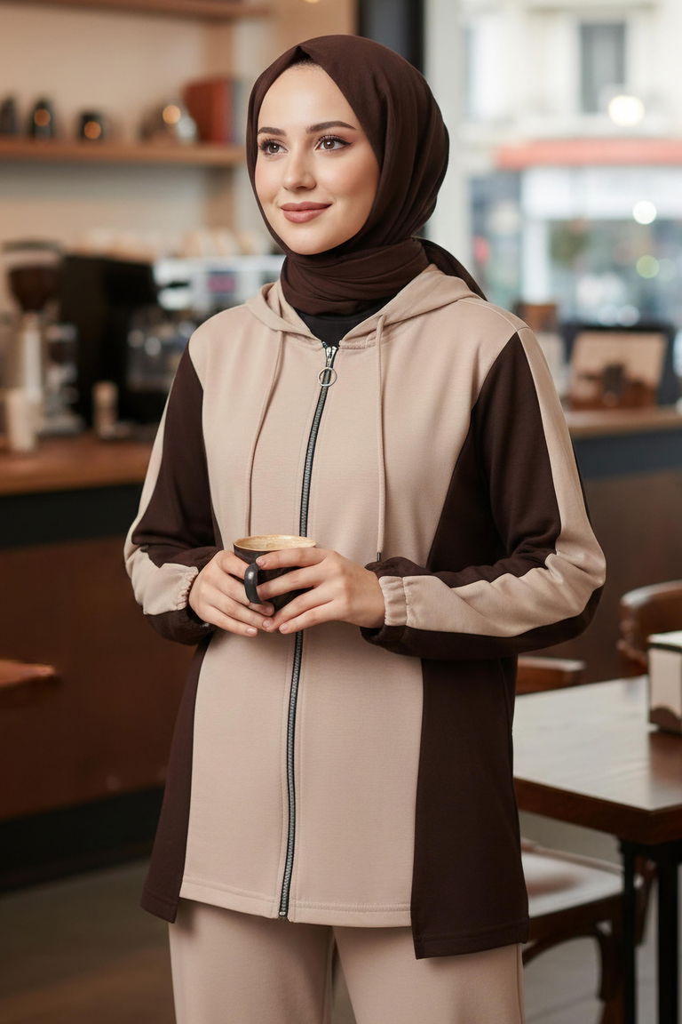 Garnili Fermuarlı Modal İkili Takım - 1007-KREM - TOFİSA