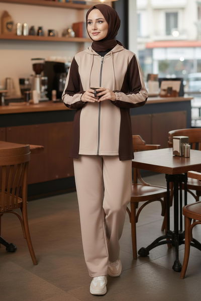 Garnili Fermuarlı Modal İkili Takım - 1007-KREM 