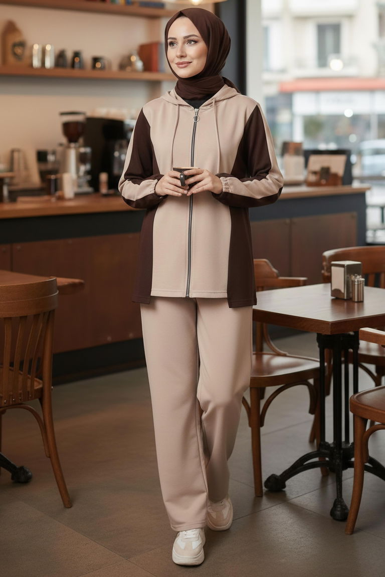 Garnili Fermuarlı Modal İkili Takım - 1007-KREM - TOFİSA