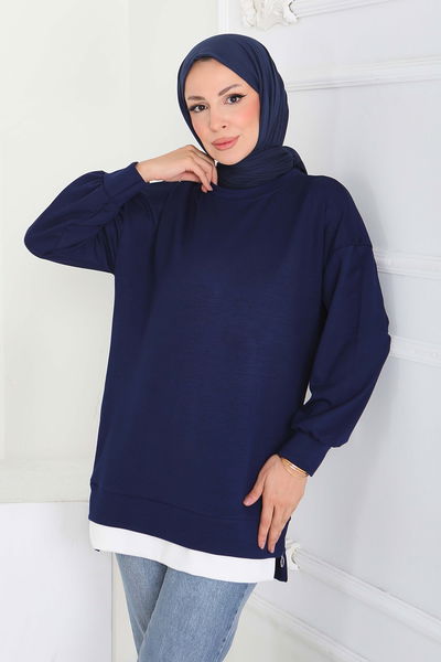 Garnili Fermuarlı Modal sweatshirt - 27610-LACIVERT 