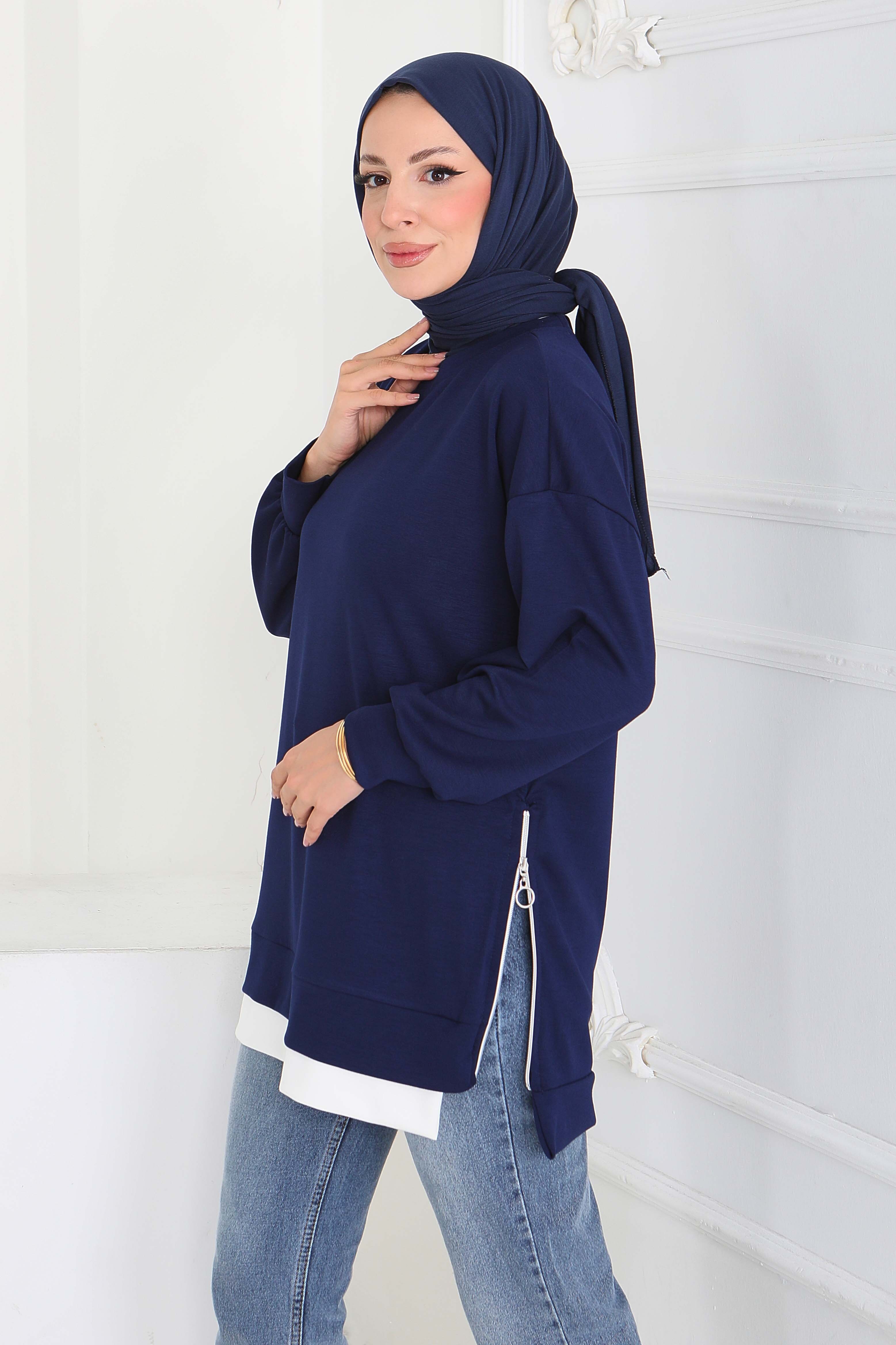Garnili Fermuarlı Modal sweatshirt - 27610-LACIVERT - 2