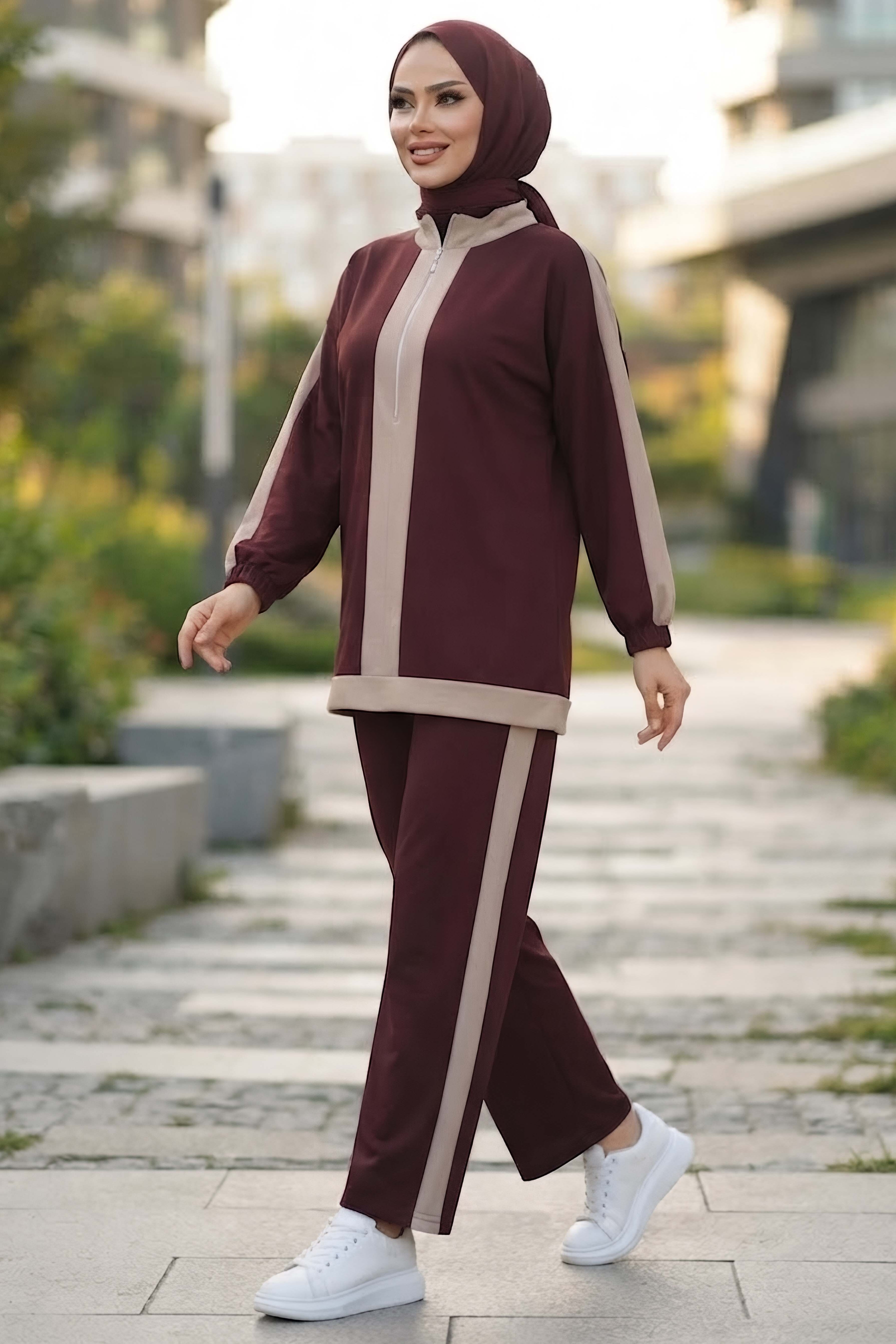 Garnili Fermuarlı Oysh Modal İkili Takım Bordo - 1349-BORDO - 2