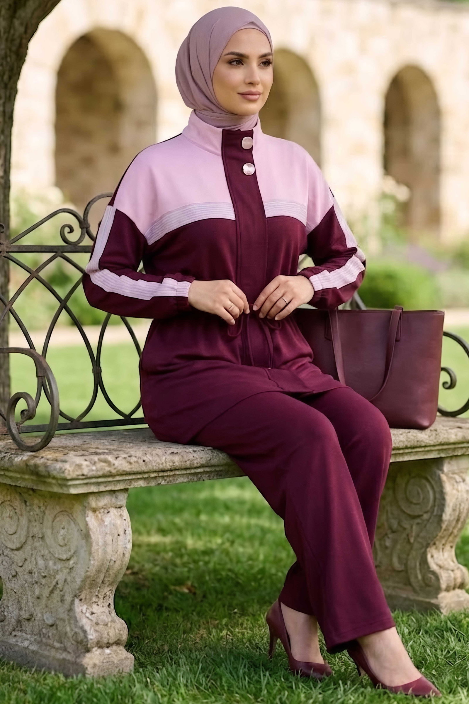 Garnili Fermuarlı Oysh Modal İkili Takım Bordo - 28959-BORDO - 2