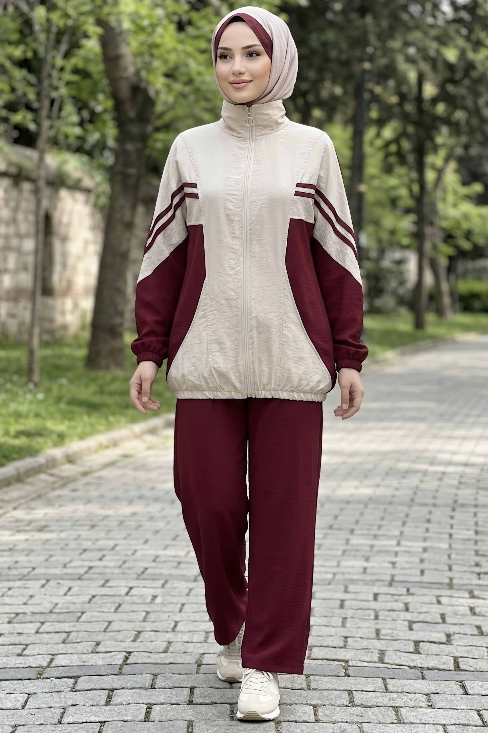 Garnili Fermuarlı Oysh Modal İkili Takım Bordo - 29229-BORDO - 2