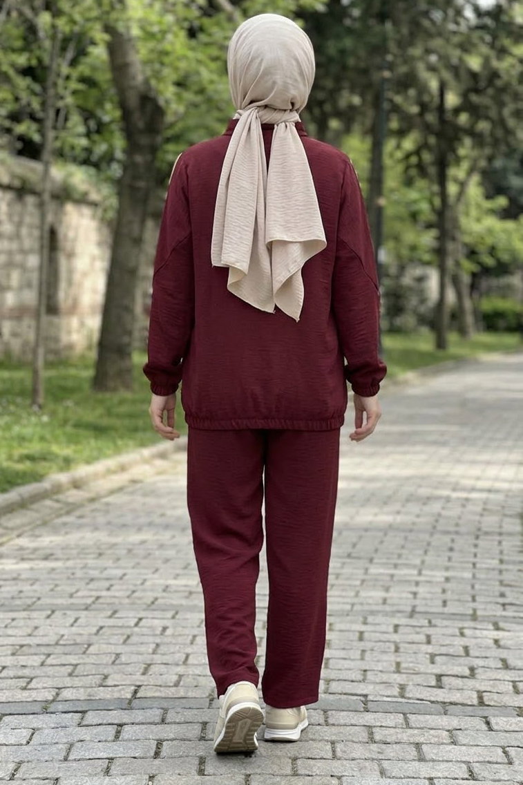 Garnili Fermuarlı Oysh Modal İkili Takım Bordo - 29229-BORDO - 4