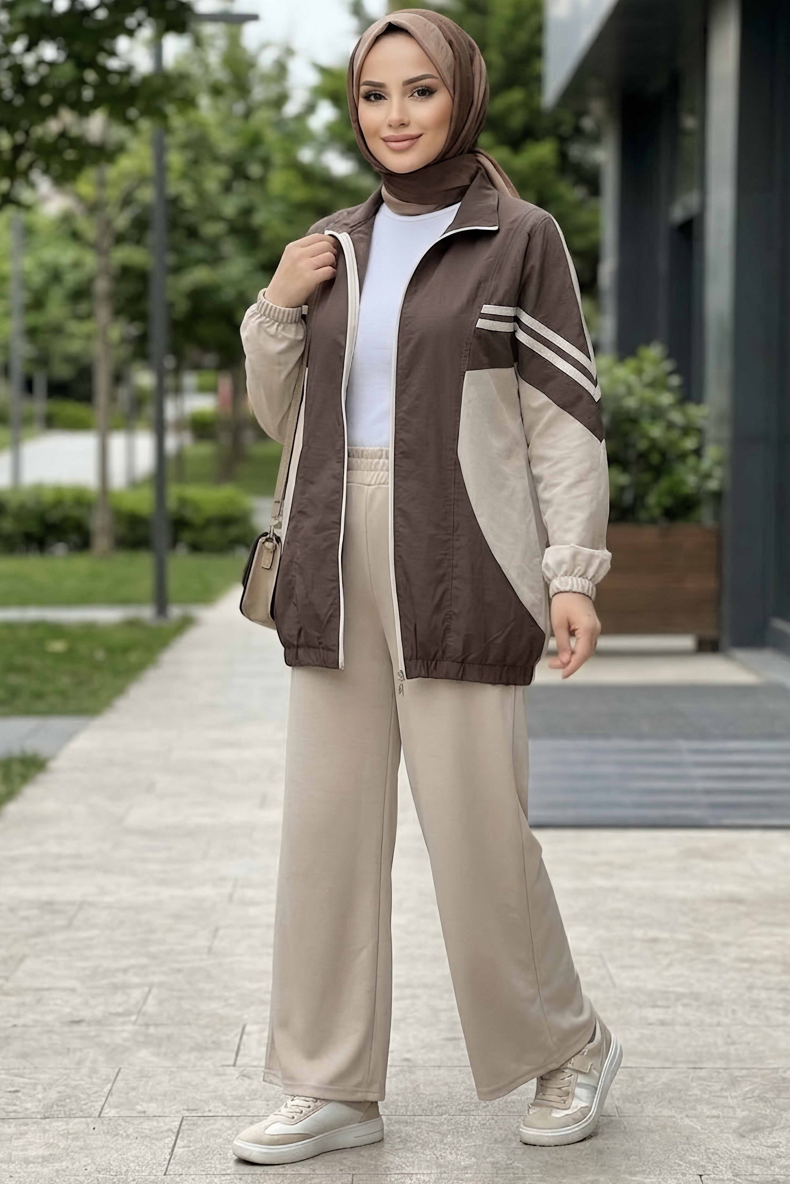 Garnili Fermuarlı Oysh Modal İkili Takım Kahve - 29229-KAHVE - 1