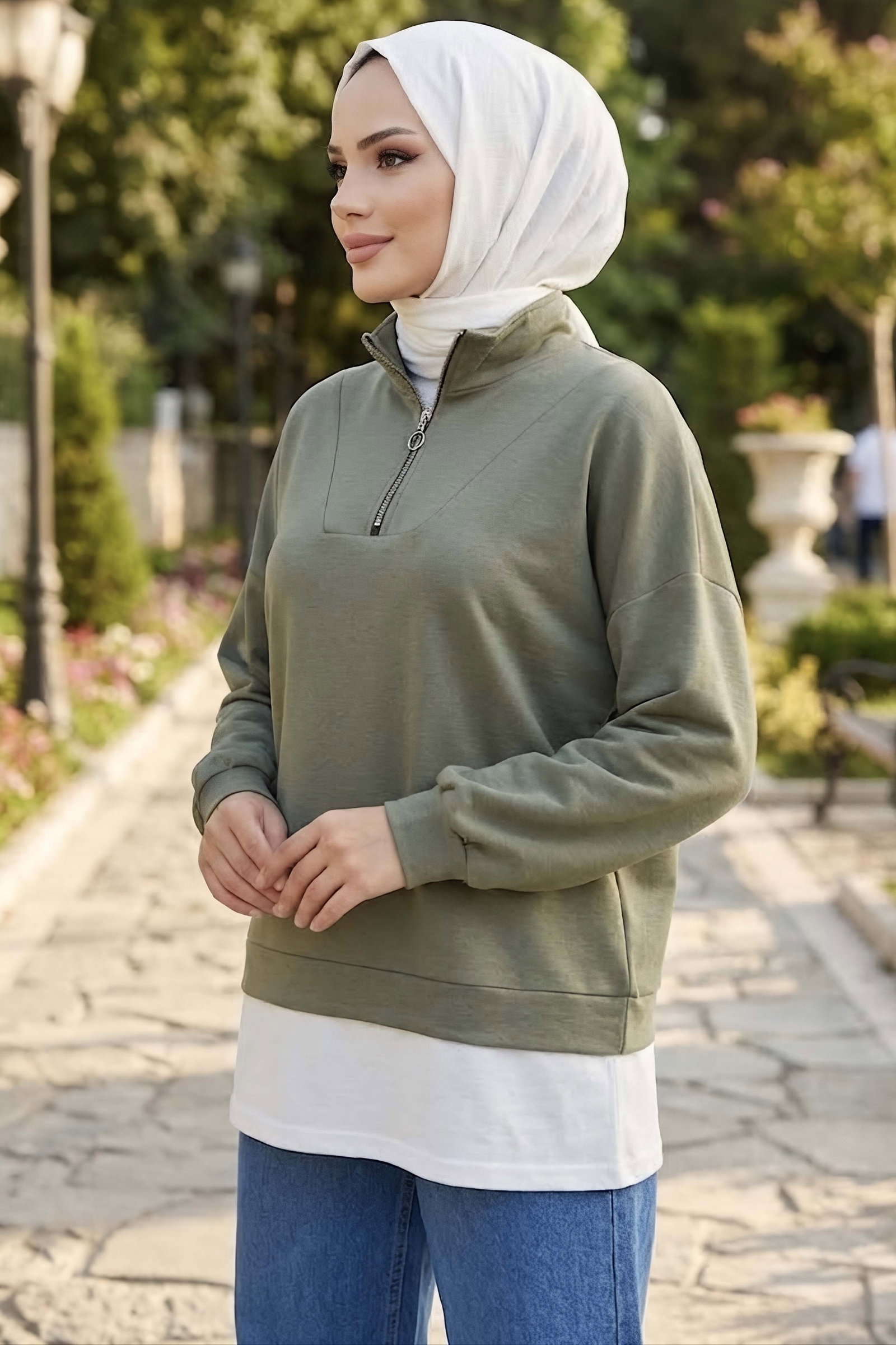 Garnili Fermuarlı Oysh Modal Tunik Haki - 29005-HAKI - 2