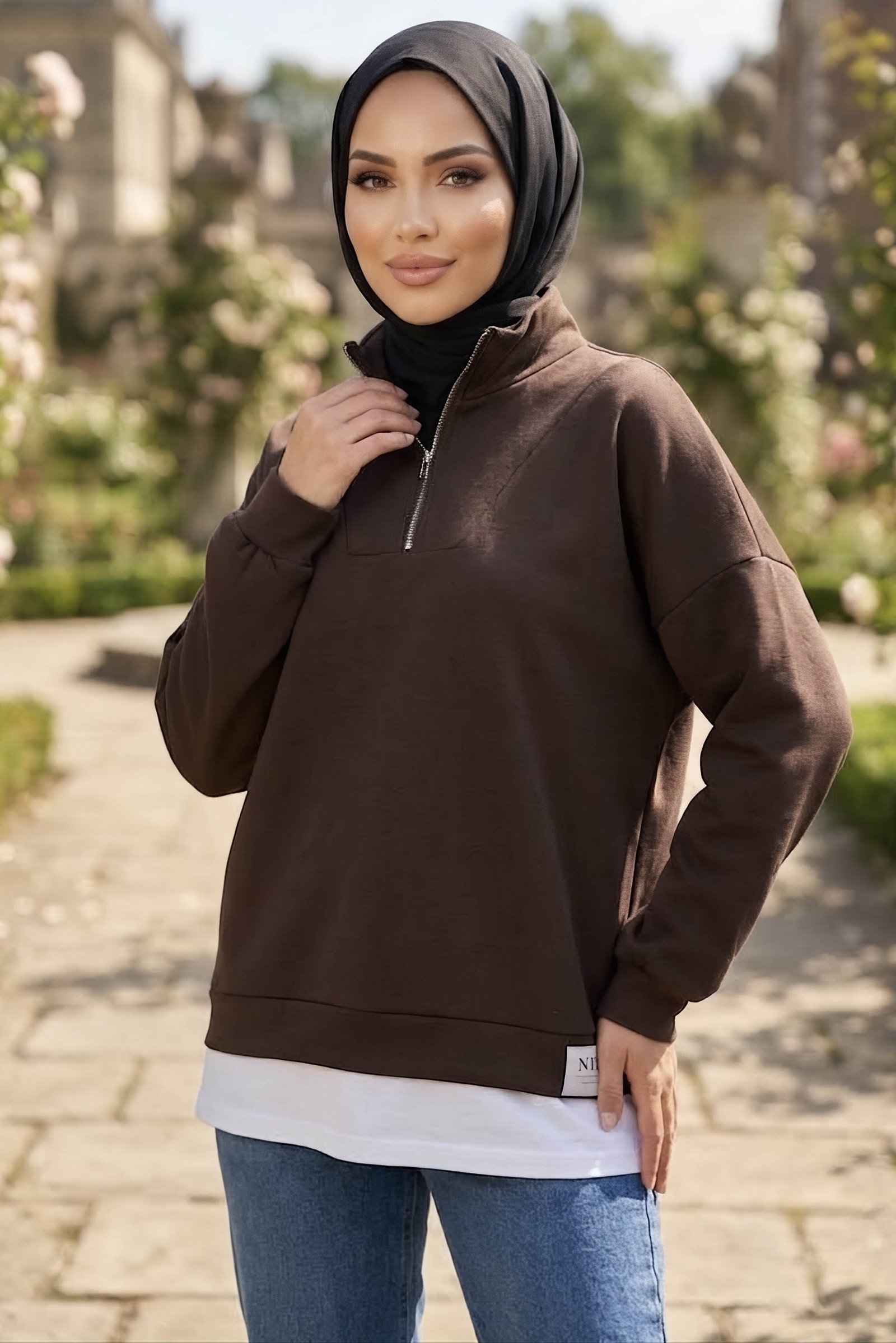 Garnili Fermuarlı Oysh Modal Tunik Kahve - 29005-KAHVE - 1