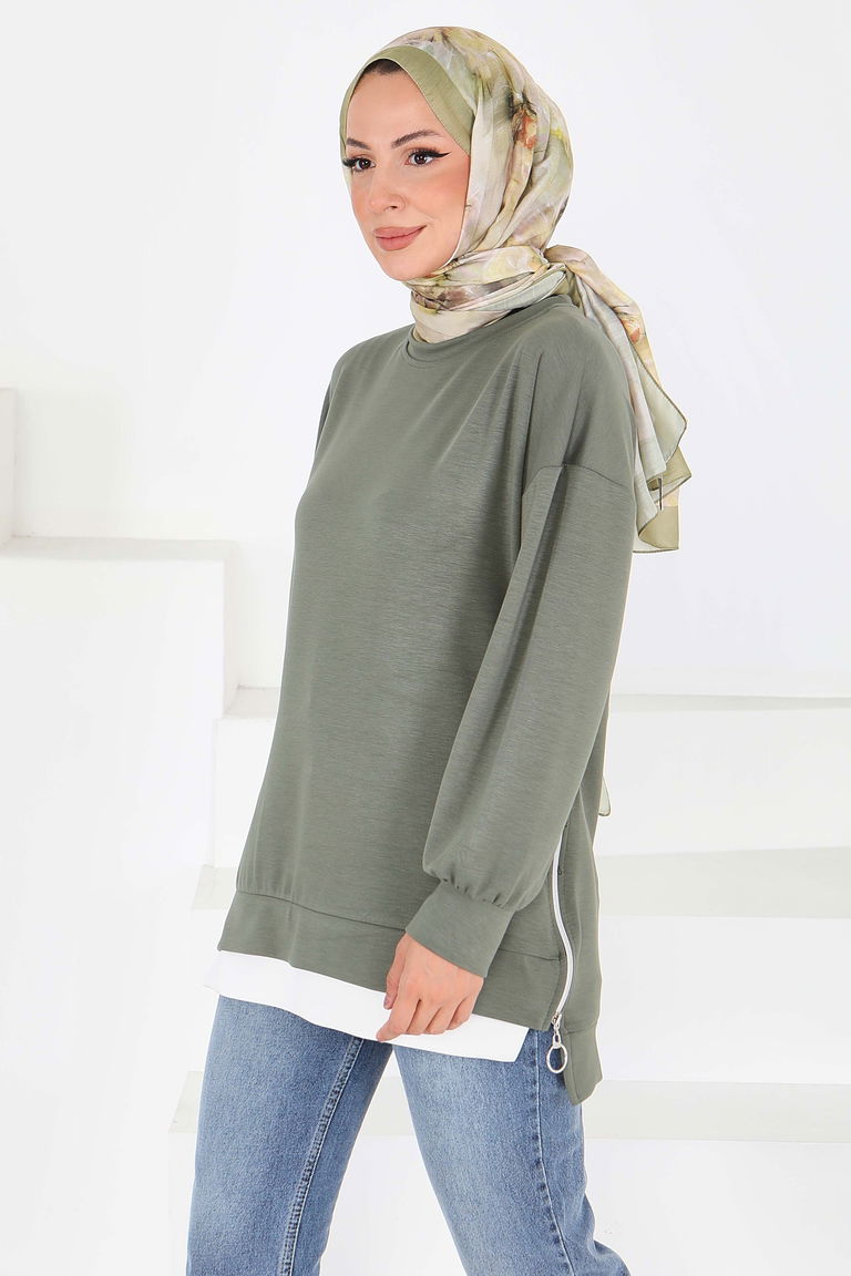 Garnili Fermuarlı Modal sweatshirt - 27610-D-1-HAKI - TOFİSA