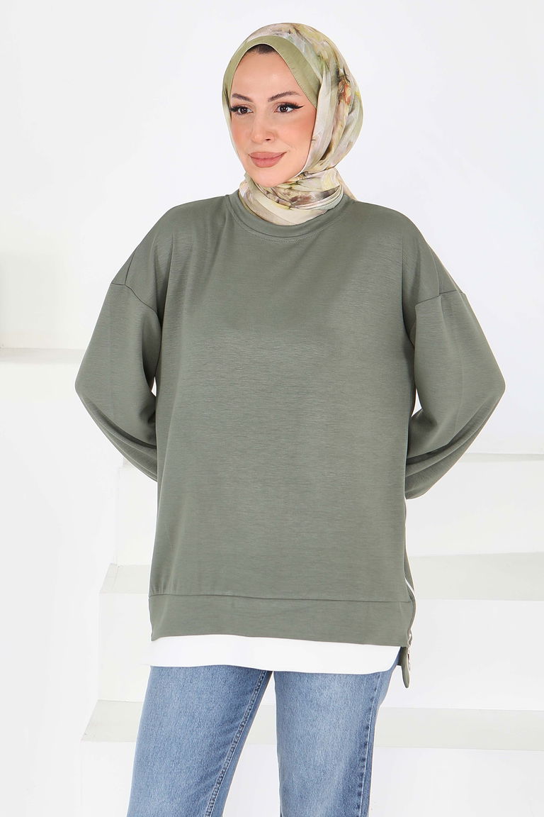 Garnili Fermuarlı Modal sweatshirt - 27610-D-1-HAKI - TOFİSA