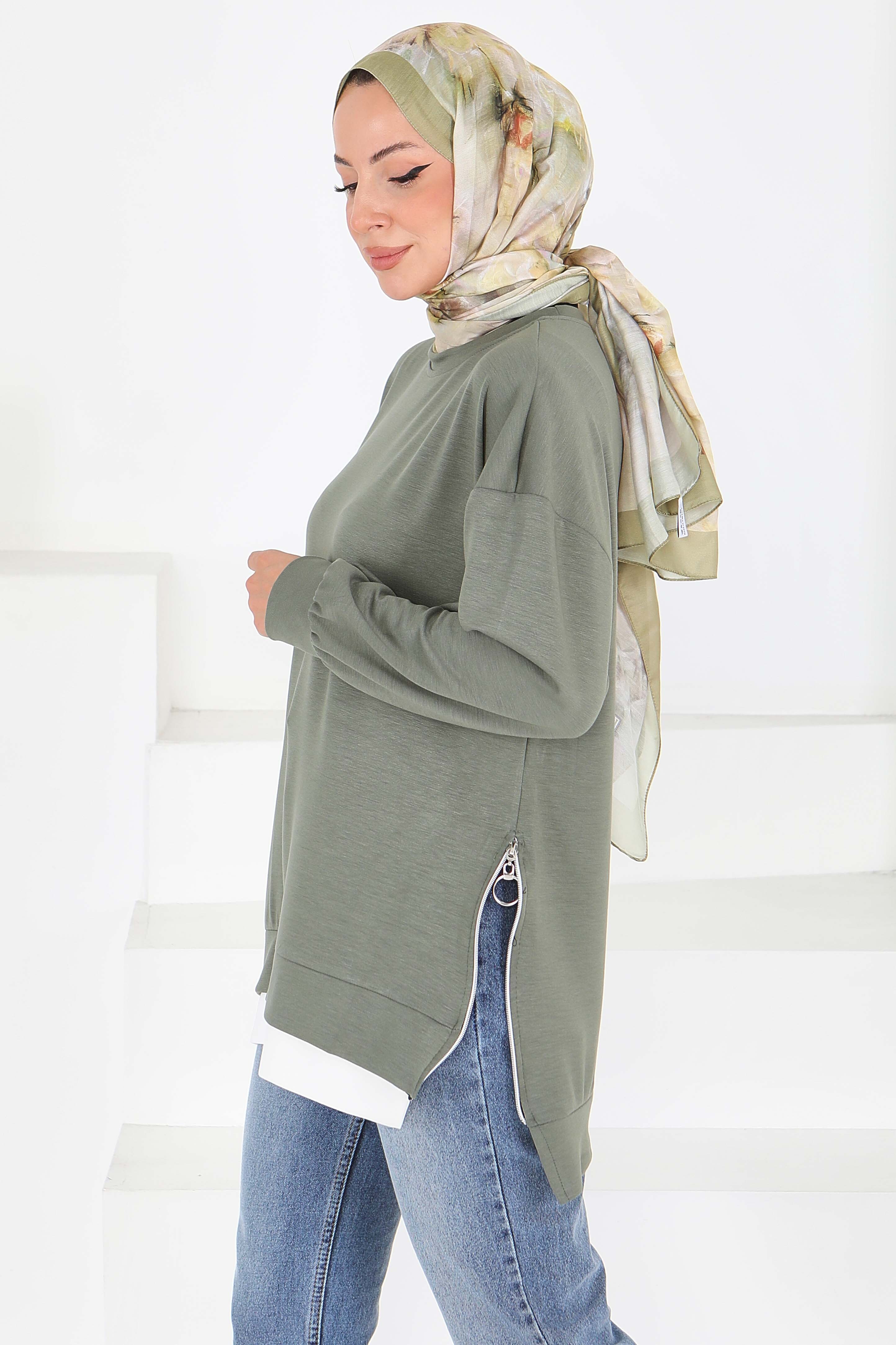 Garnili Fermuarlı Oysho sweatshirt - 27610-D-1-HAKI - 3