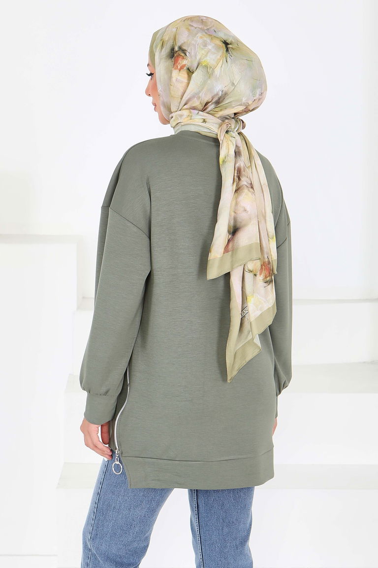 Garnili Fermuarlı Modal sweatshirt - 27610-D-1-HAKI - TOFİSA