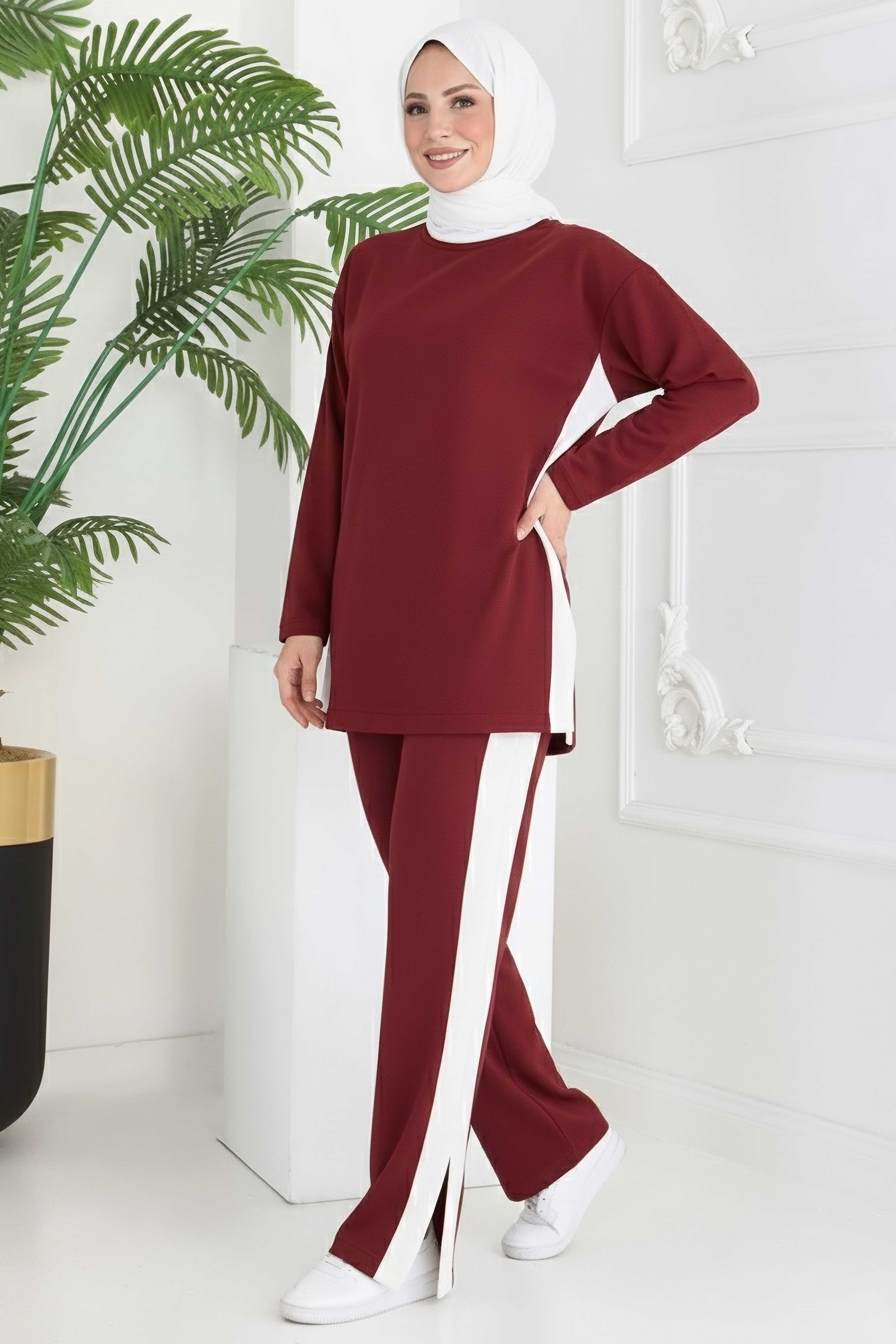 Garnili Yırtmaçlı Modal İkili Takım - 28012-BORDO - 1