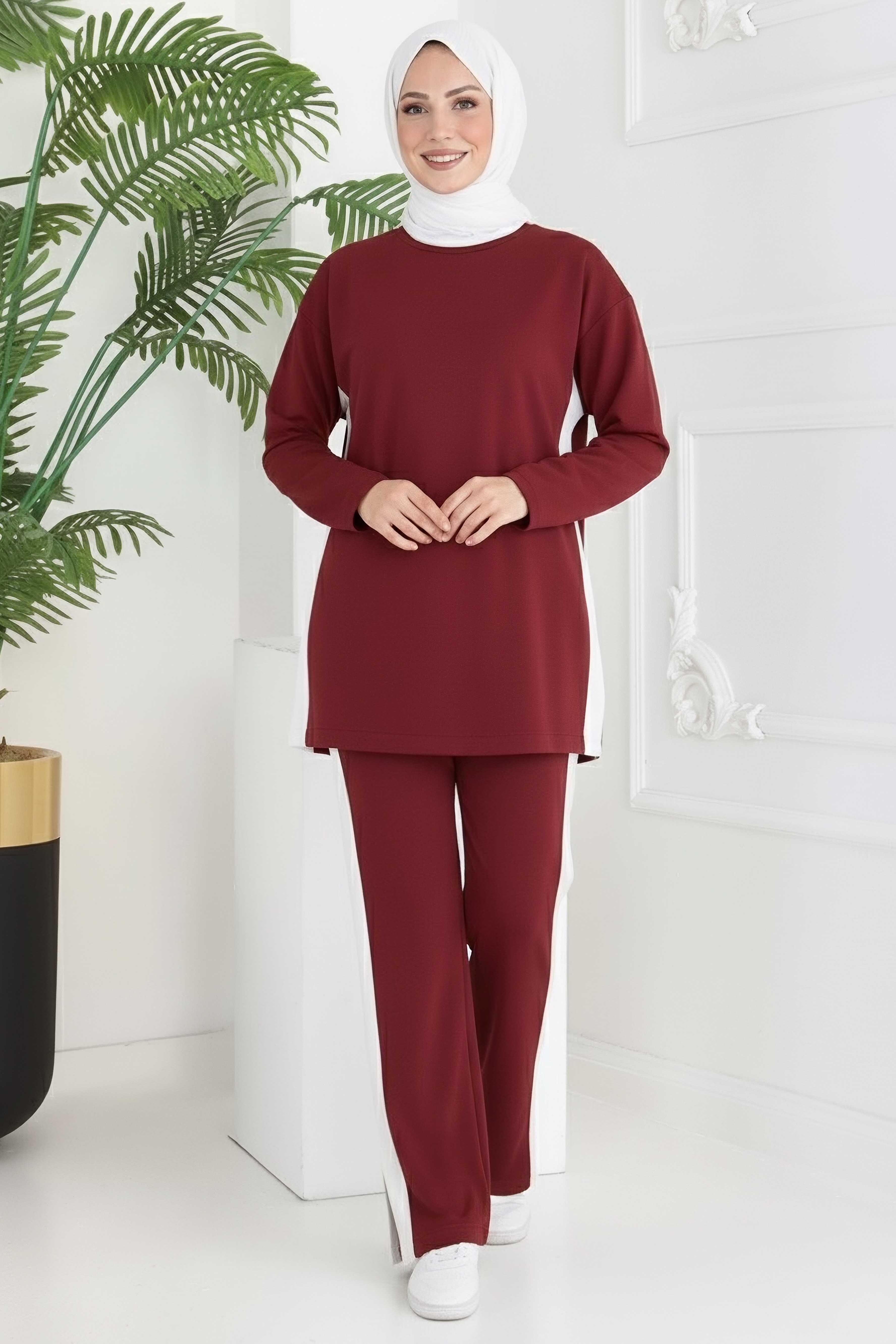 Garnili Yırtmaçlı Modal İkili Takım - 28012-BORDO - 2