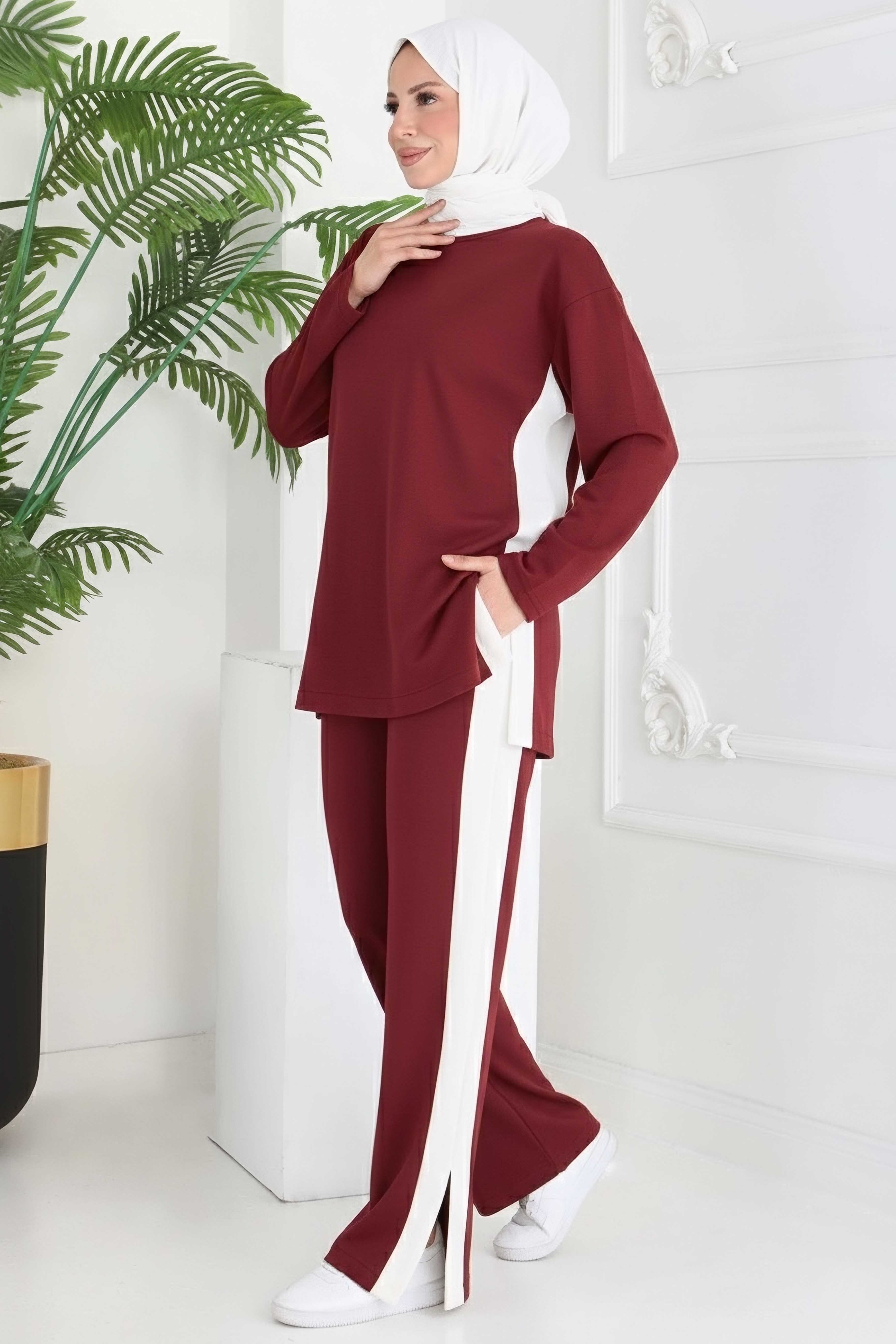 Garnili Yırtmaçlı Modal İkili Takım - 28012-BORDO - 3