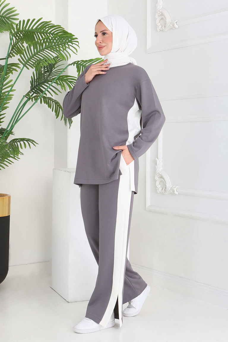 Garnili Yırtmaçlı Modal İkili Takım - 28012-FUME - TOFİSA