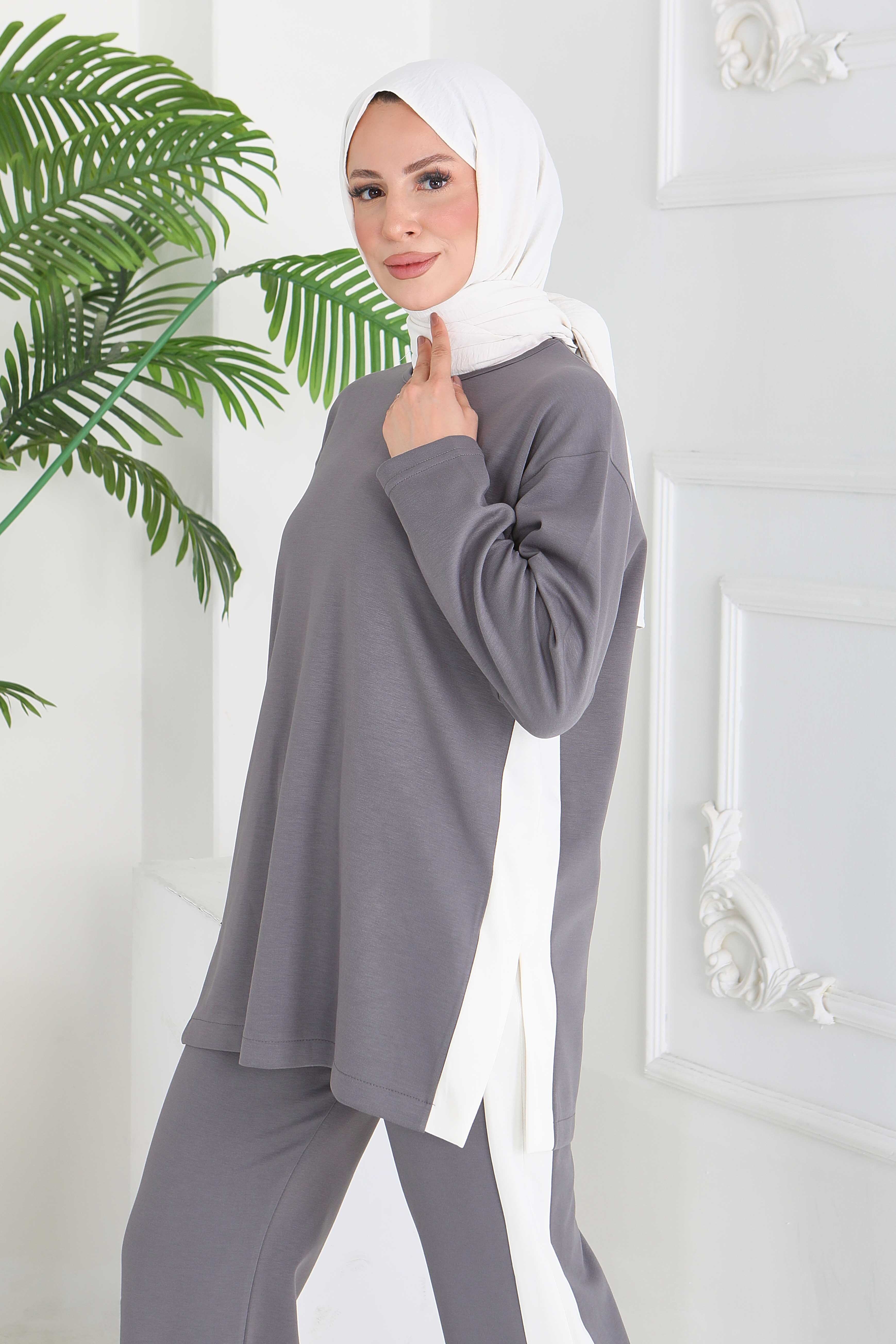 Garnili Yırtmaçlı Modal İkili Takım - 28012-FUME - 2