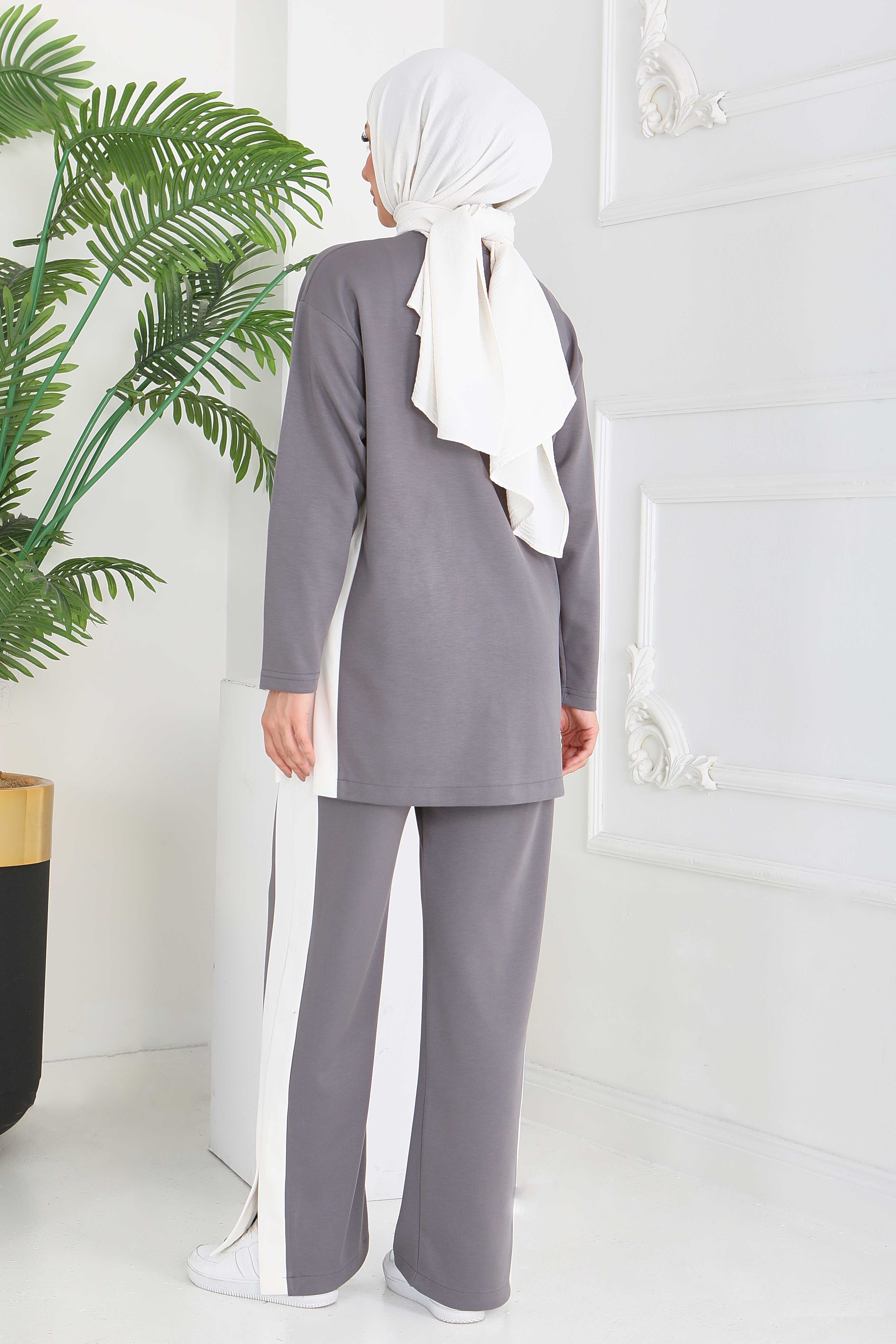 Garnili Yırtmaçlı Modal İkili Takım - 28012-FUME - 4