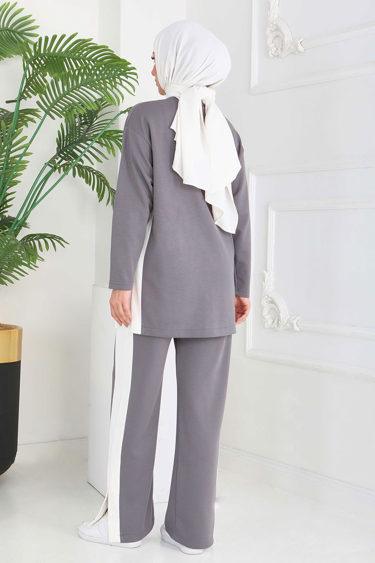 Garnili Yırtmaçlı Modal İkili Takım - 28012-FUME - TOFİSA