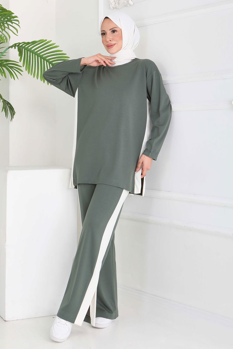 Garnili Yırtmaçlı Modal İkili Takım - 28012-HAKI - TOFİSA