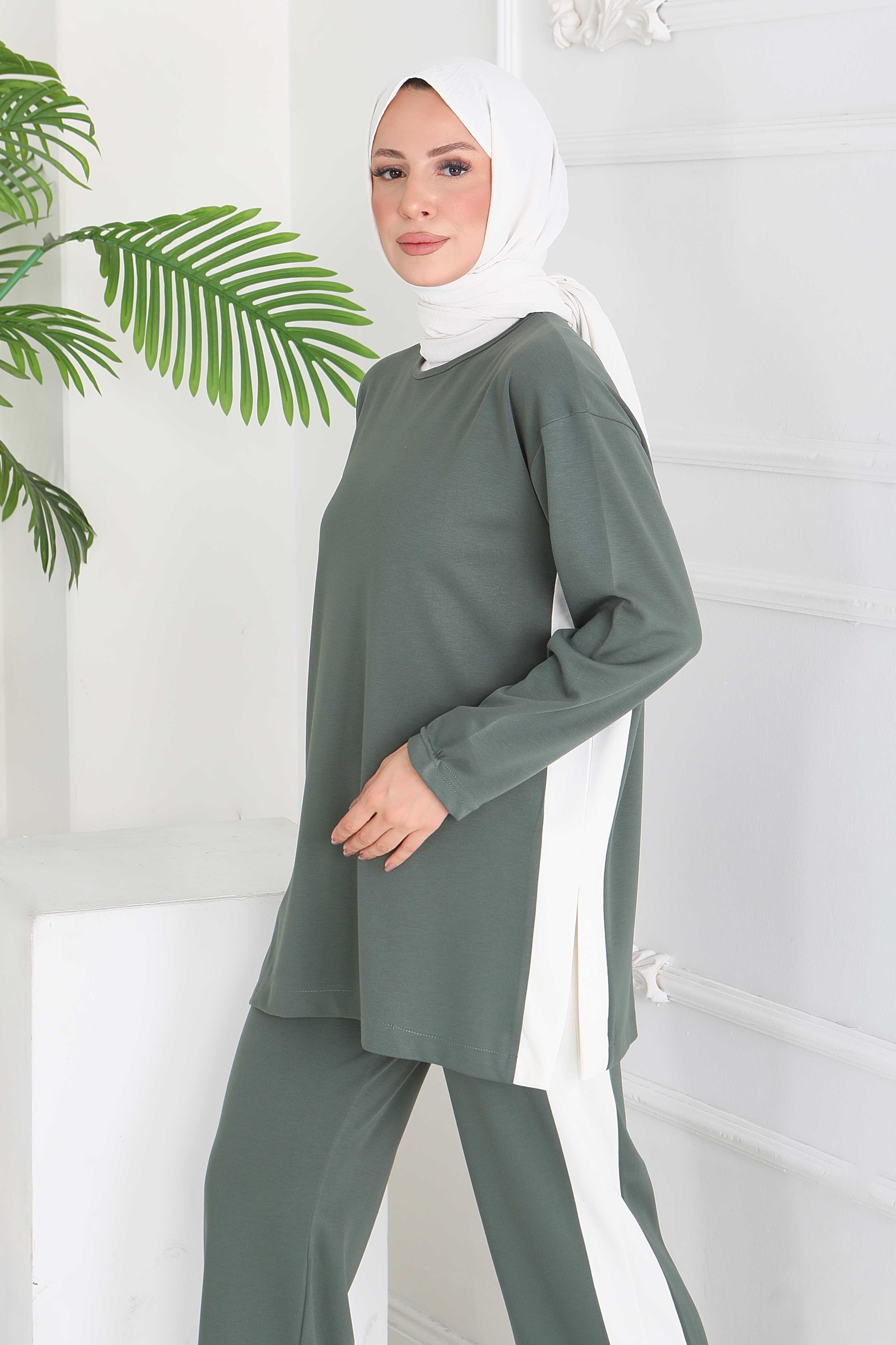 Garnili Yırtmaçlı Modal İkili Takım - 28012-HAKI - 3