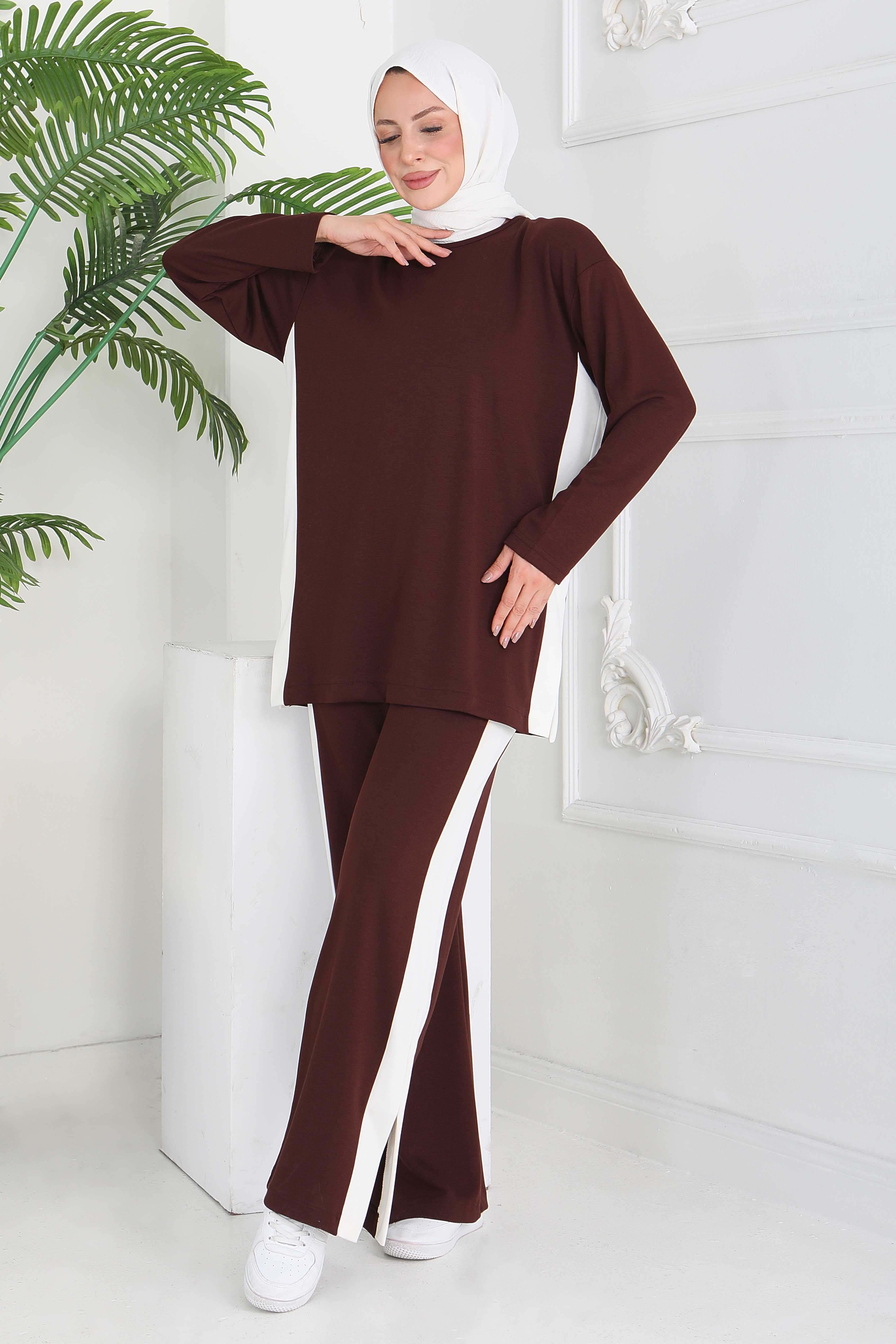 Garnili Yırtmaçlı Modal İkili Takım - 28012-KAHVE - 1