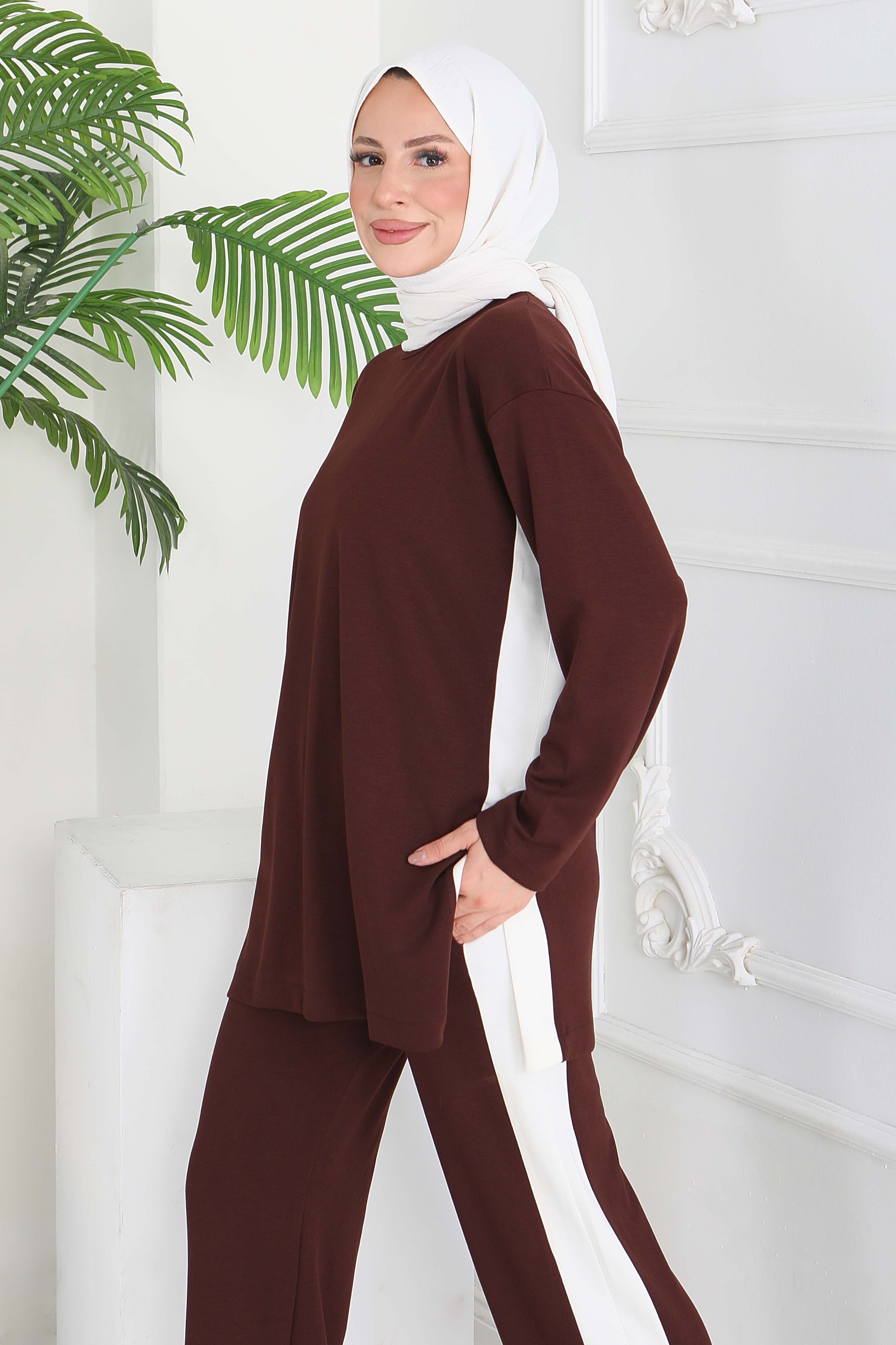 Garnili Yırtmaçlı Modal İkili Takım - 28012-KAHVE - 2