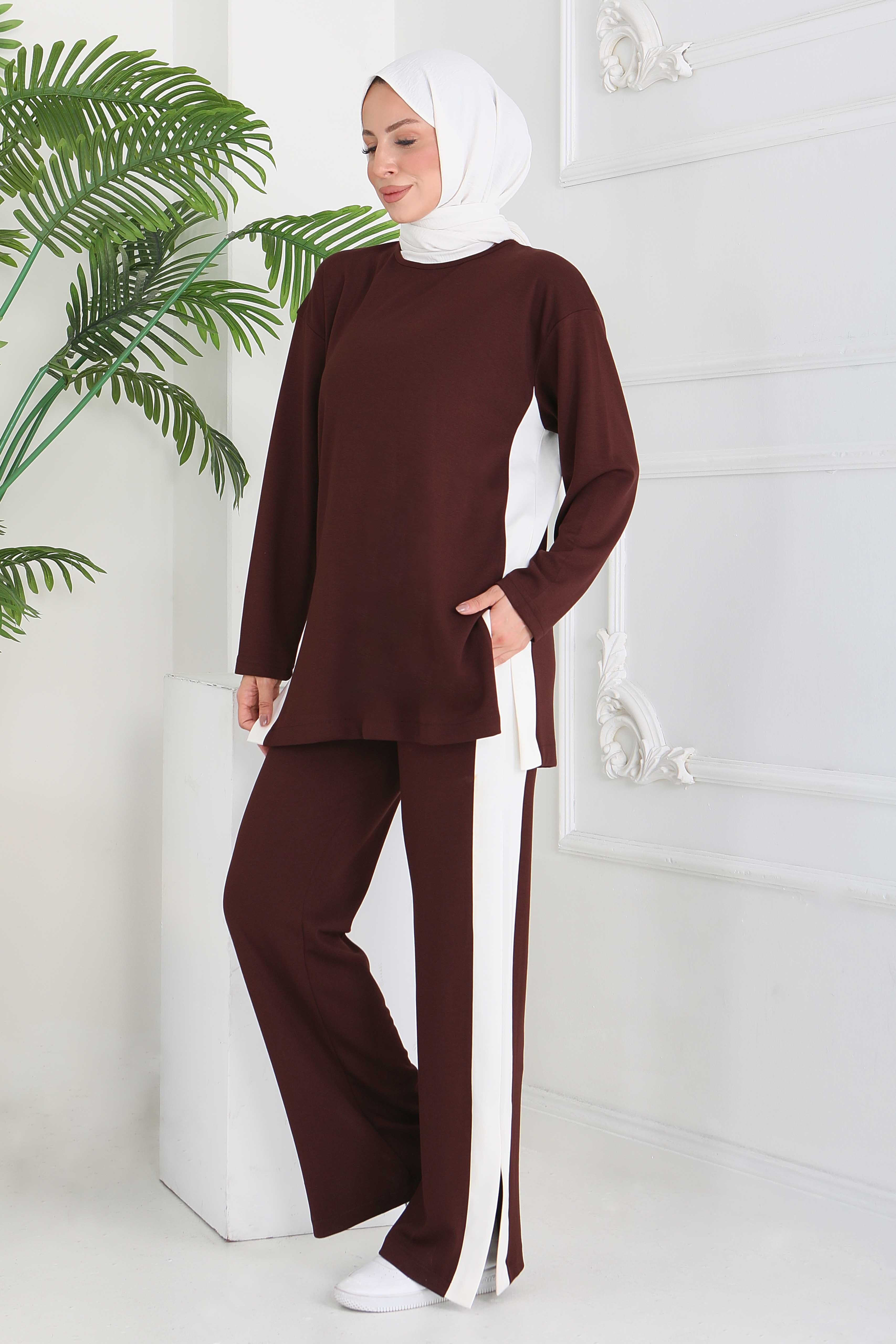 Garnili Yırtmaçlı Modal İkili Takım - 28012-KAHVE - 3