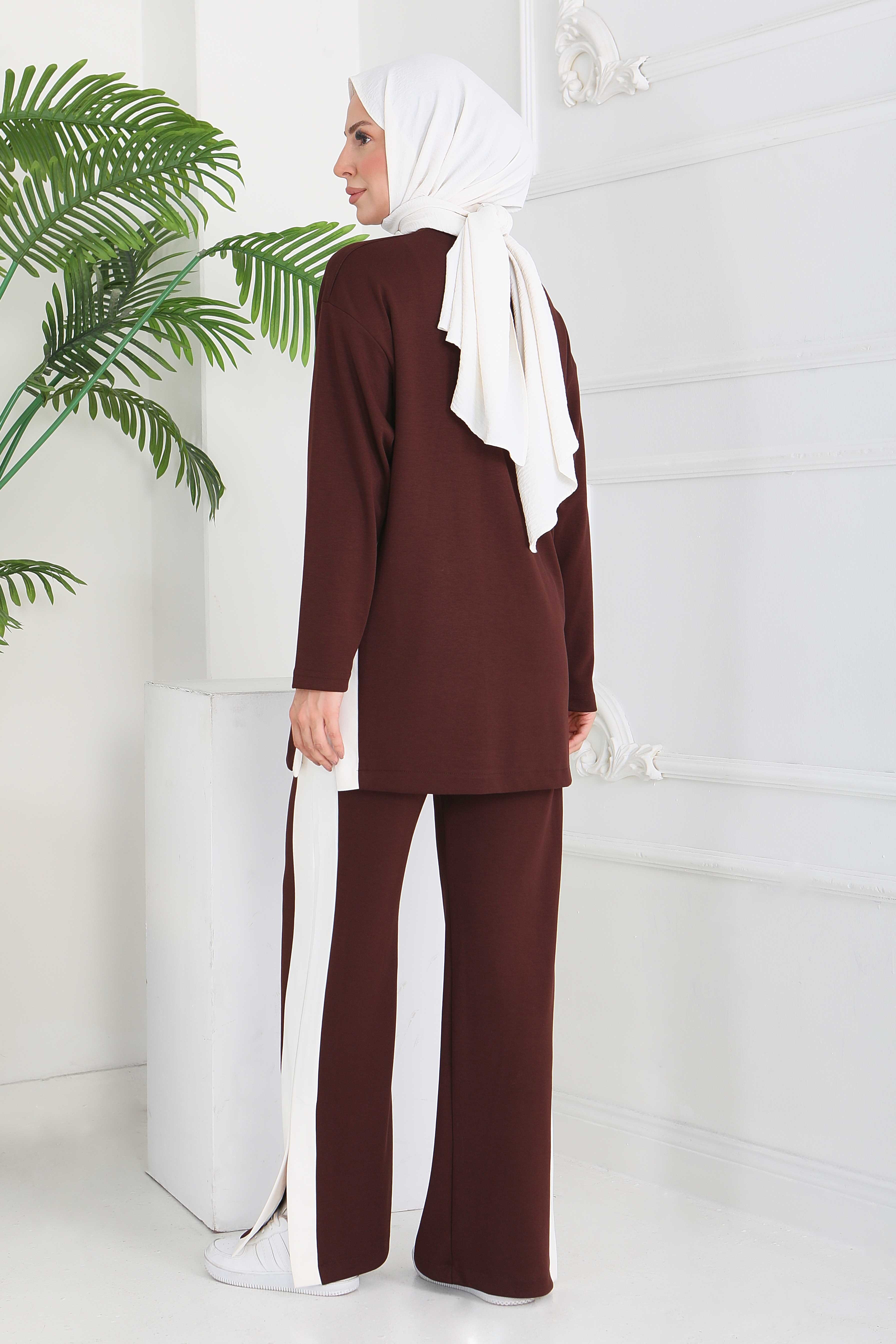 Garnili Yırtmaçlı Modal İkili Takım - 28012-KAHVE - 4