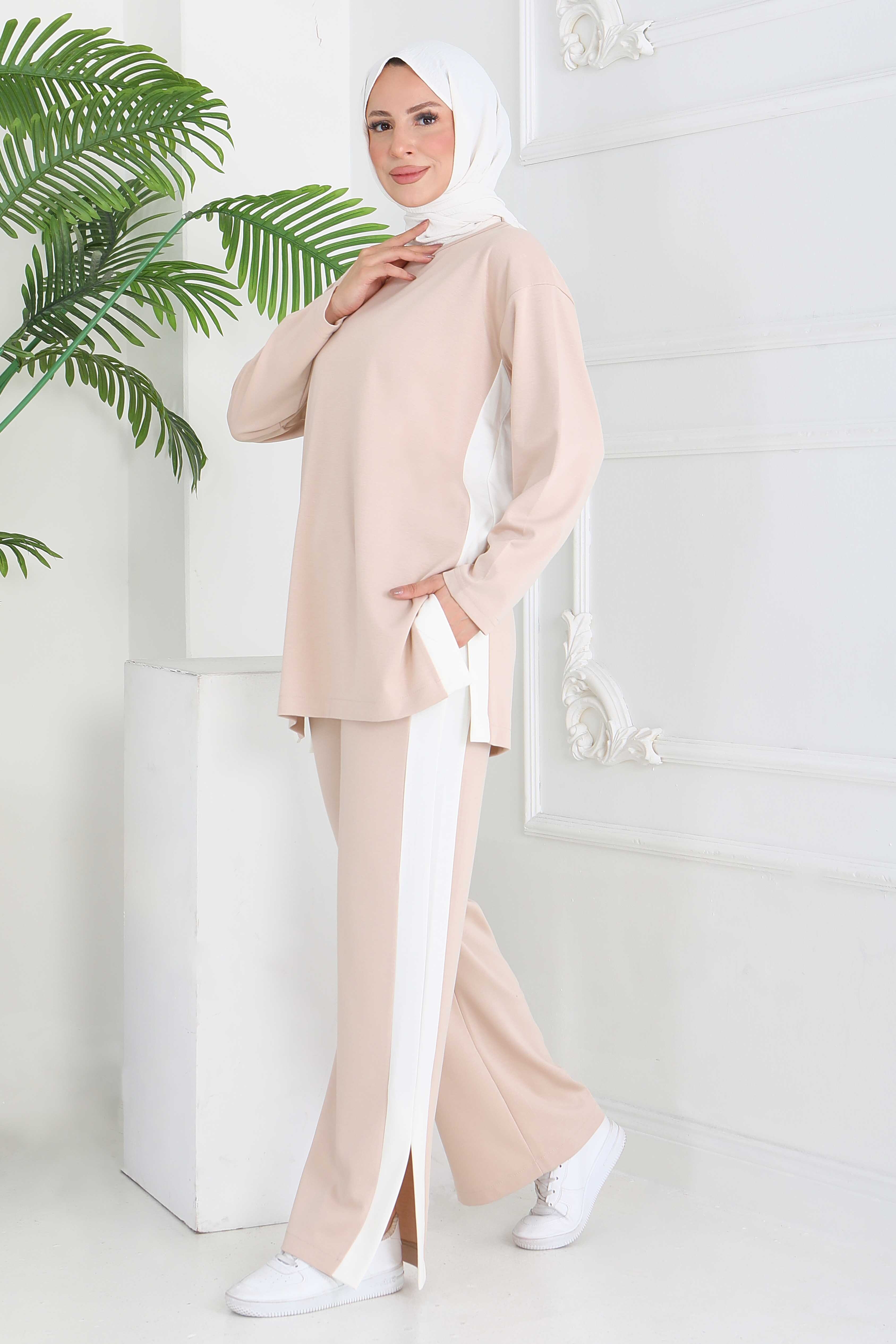 Garnili Yırtmaçlı Modal İkili Takım - 28012-KREM - 1