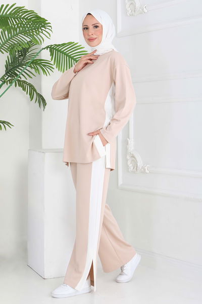 Garnili Yırtmaçlı Modal İkili Takım - 28012-KREM 