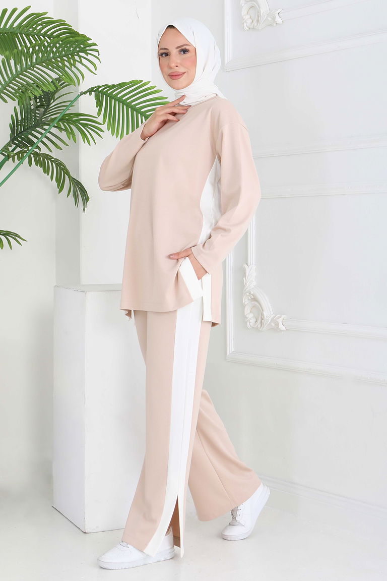 Garnili Yırtmaçlı Modal İkili Takım - 28012-KREM - TOFİSA