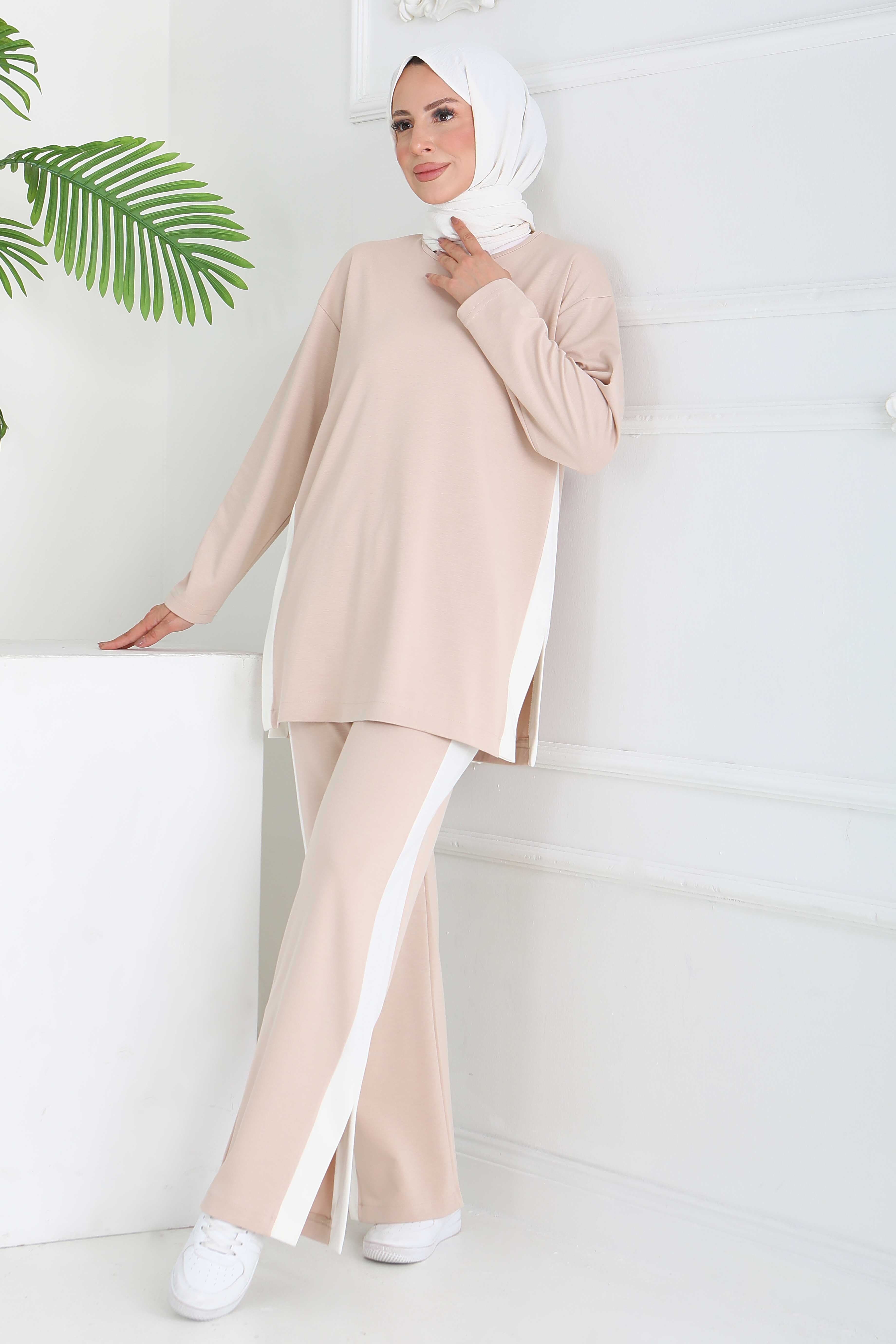 Garnili Yırtmaçlı Modal İkili Takım - 28012-KREM - 2