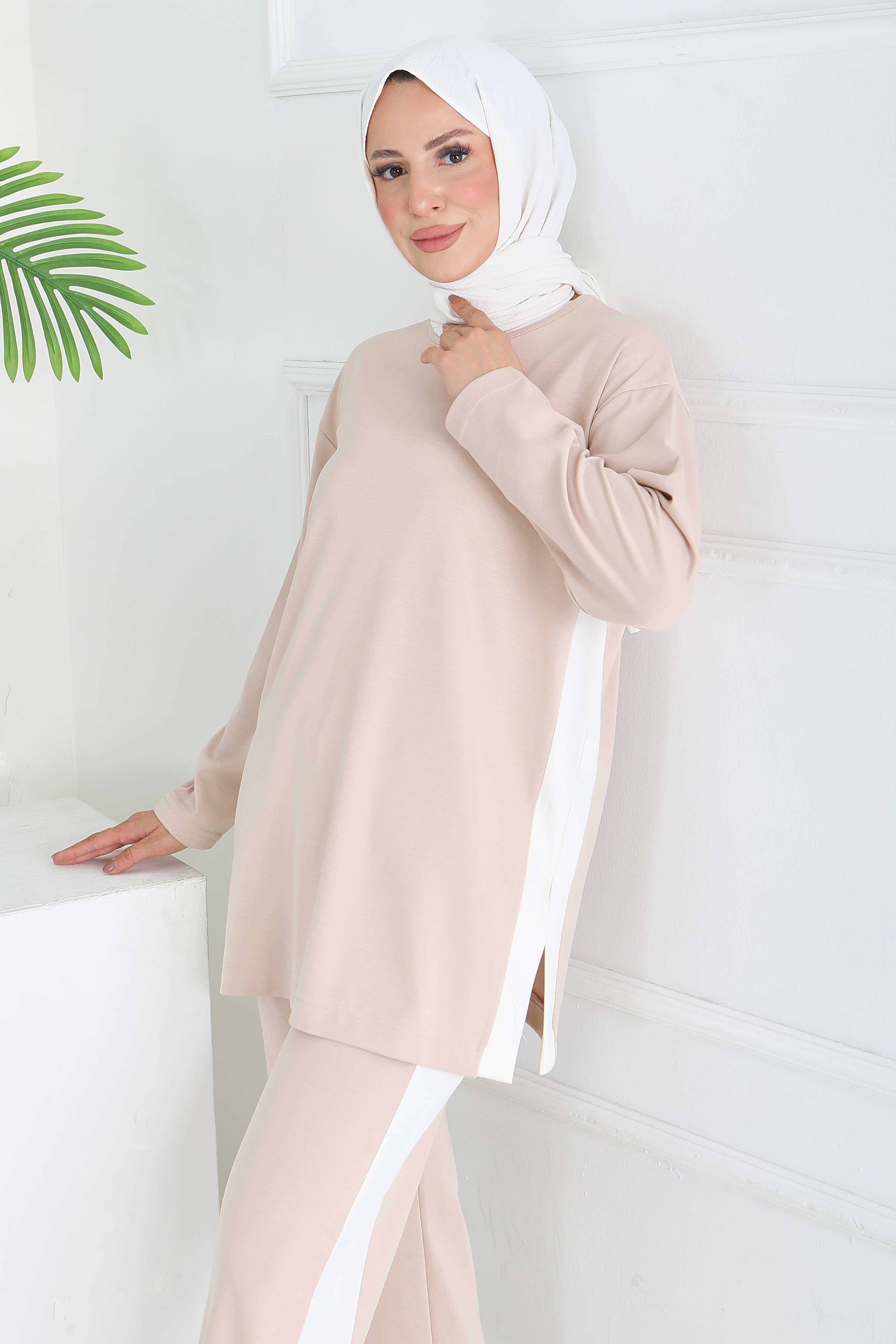 Garnili Yırtmaçlı Modal İkili Takım - 28012-KREM - 3