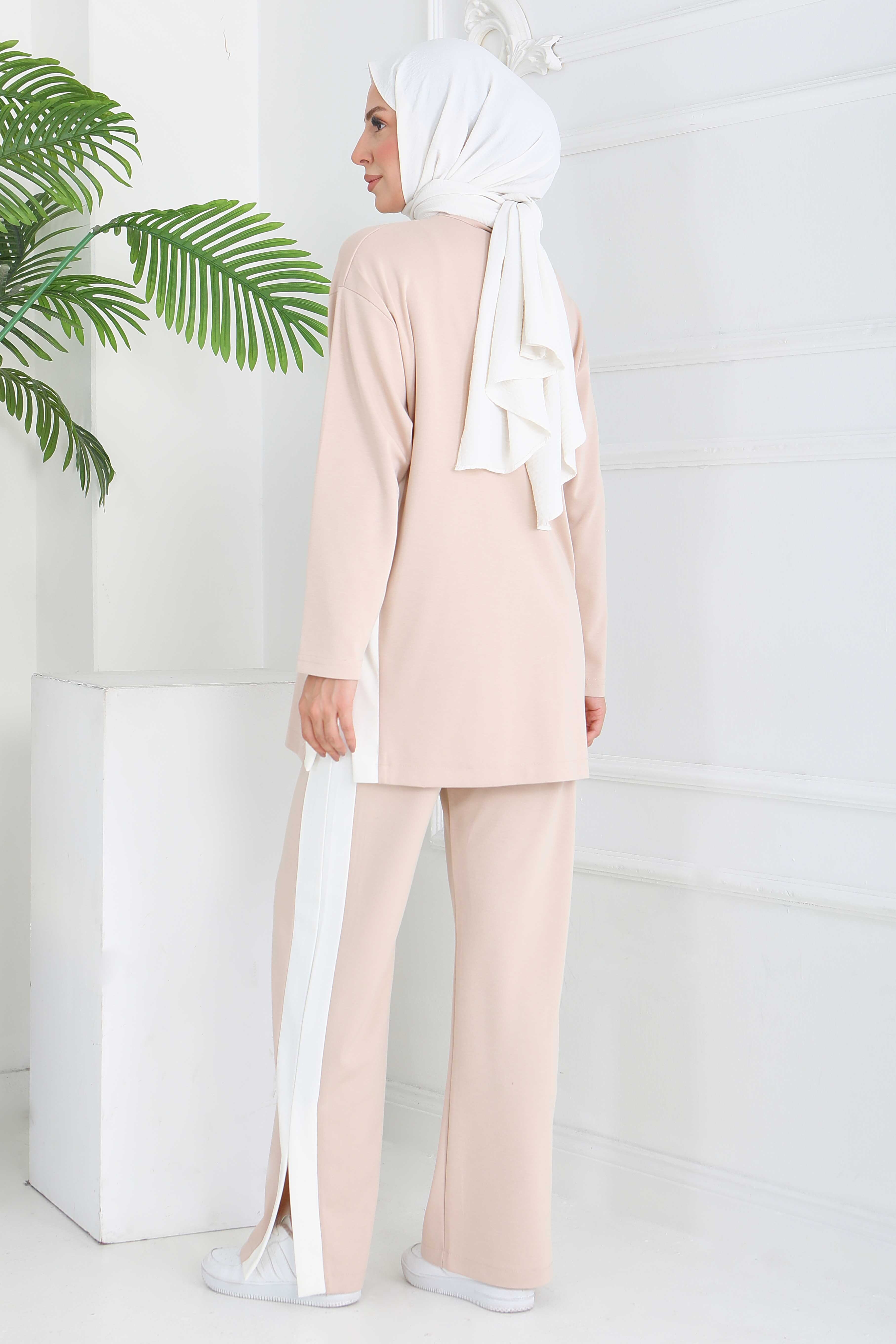 Garnili Yırtmaçlı Modal İkili Takım - 28012-KREM - 4