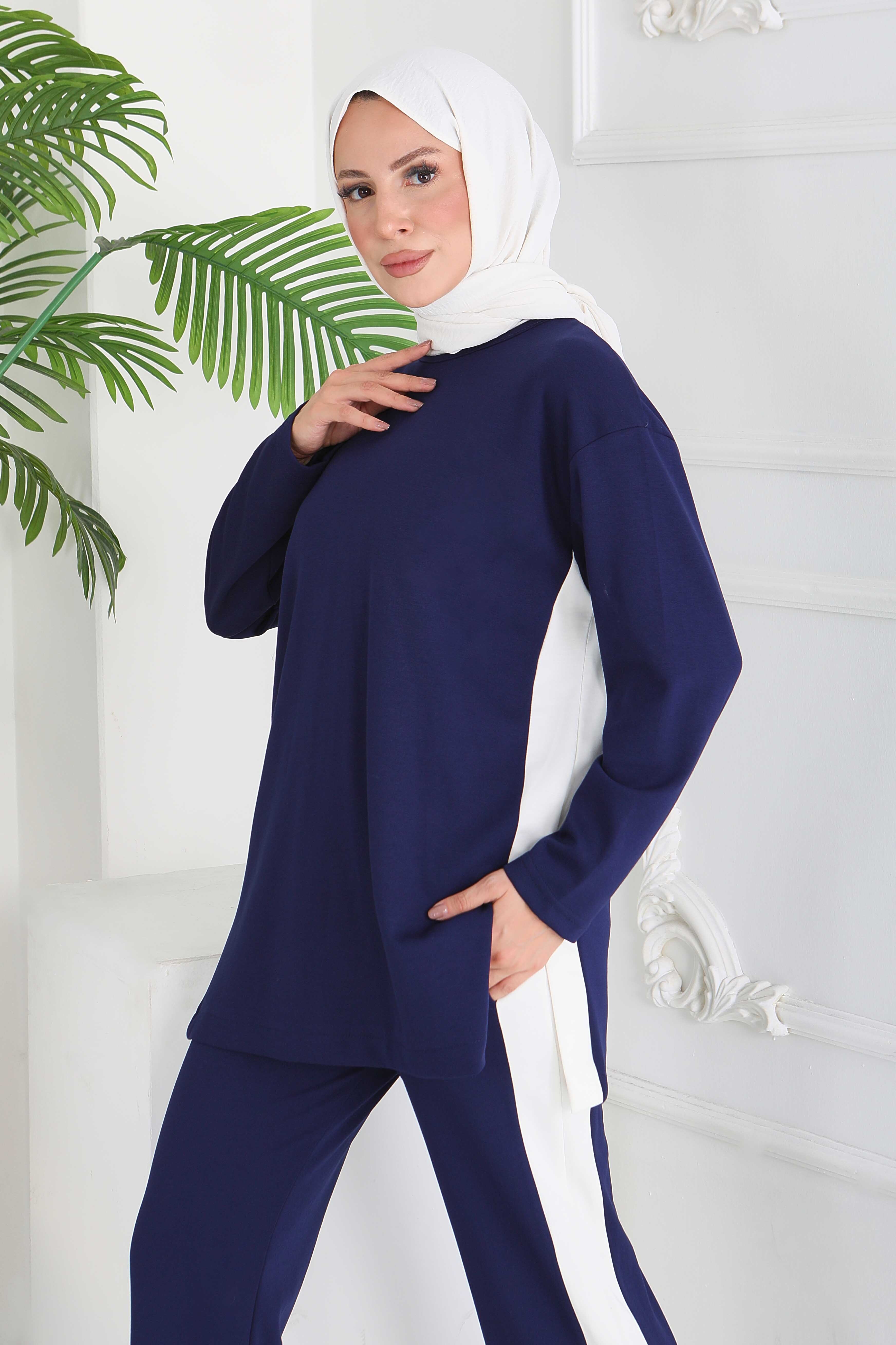 Garnili Yırtmaçlı Modal İkili Takım - 28012-LACIVERT - 1