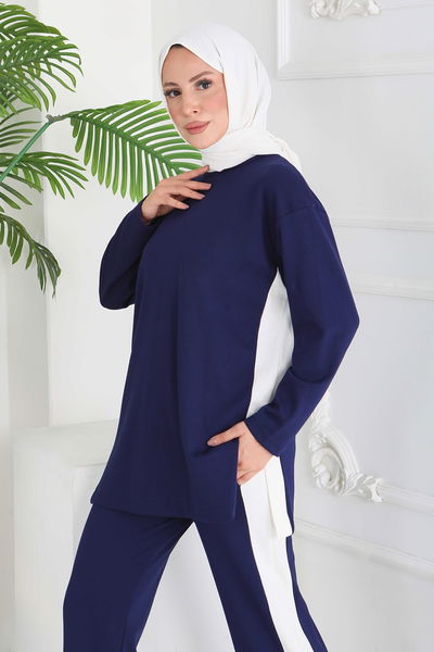 Garnili Yırtmaçlı Modal İkili Takım - 28012-LACIVERT 