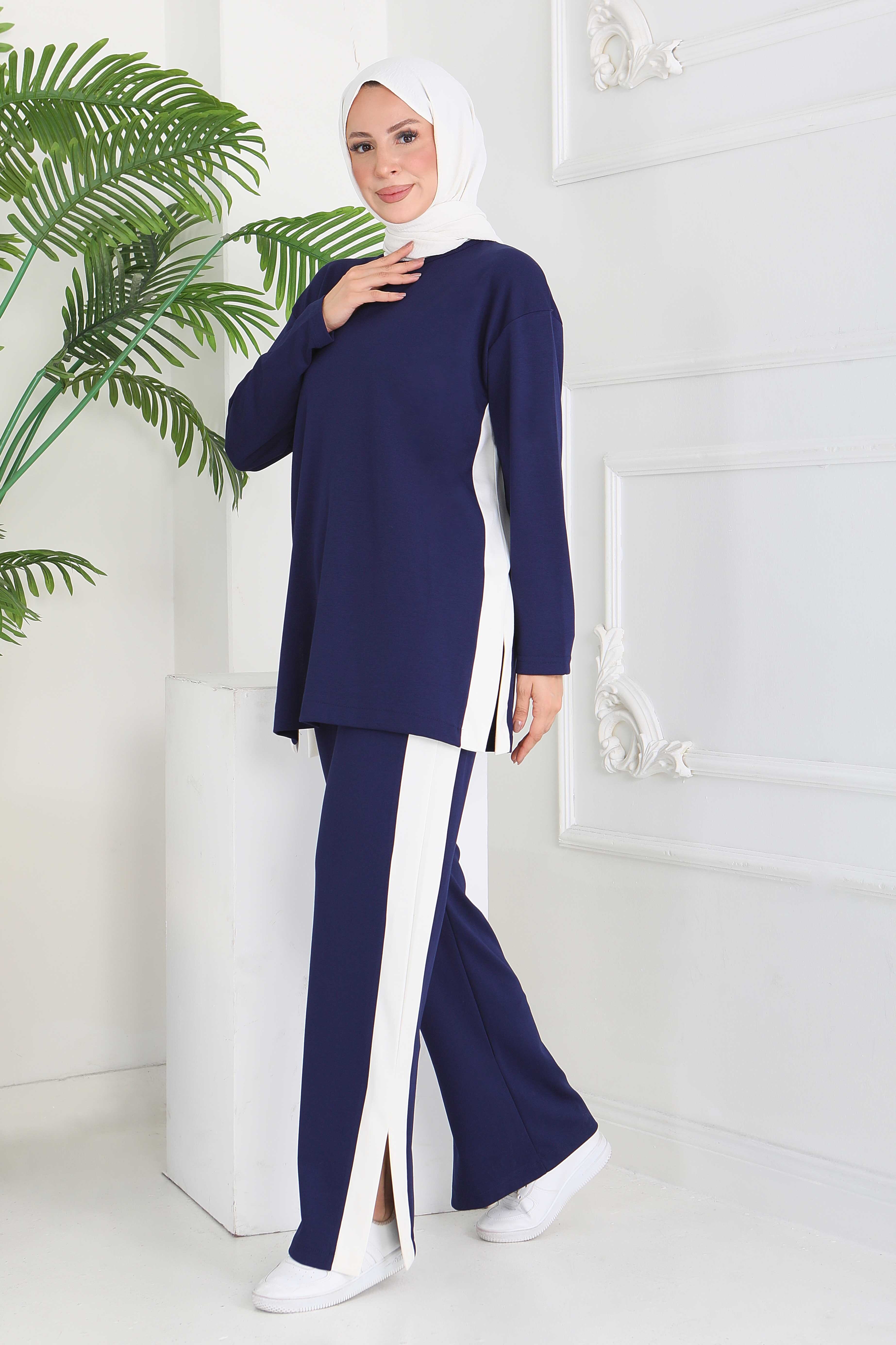 Garnili Yırtmaçlı Modal İkili Takım - 28012-LACIVERT - 2