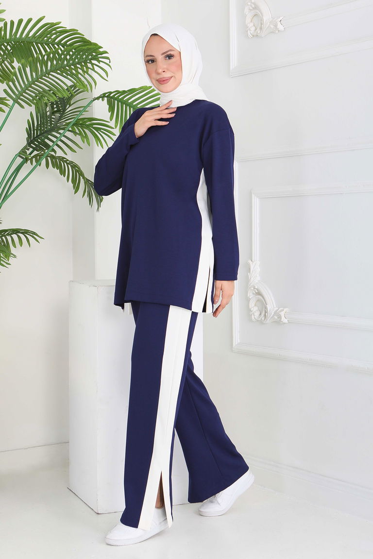 Garnili Yırtmaçlı Modal İkili Takım - 28012-LACIVERT - TOFİSA