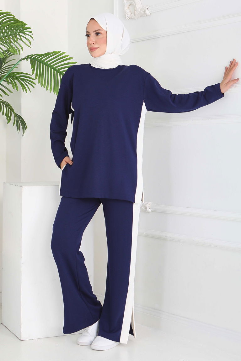 Garnili Yırtmaçlı Modal İkili Takım - 28012-LACIVERT - TOFİSA