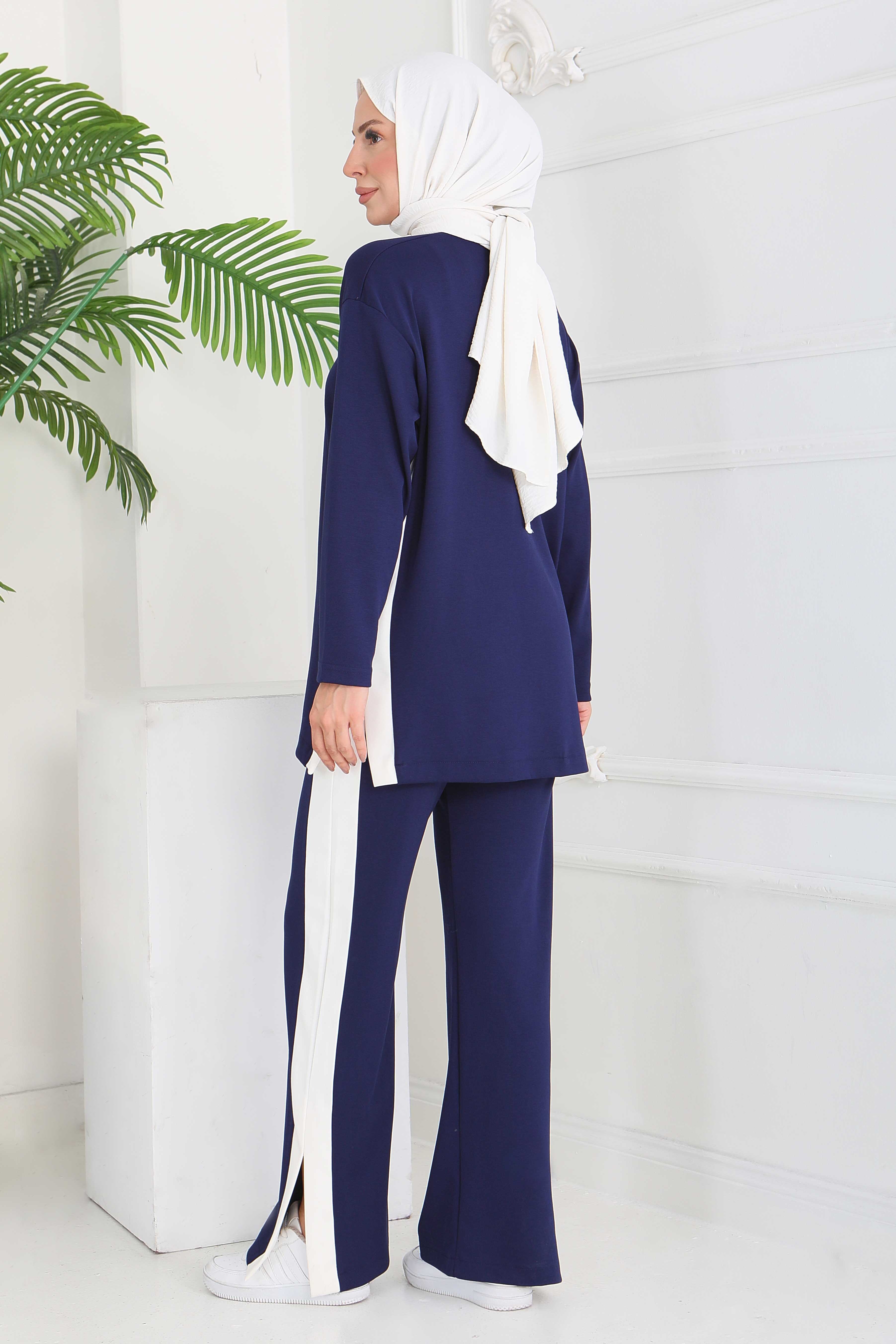 Garnili Yırtmaçlı Modal İkili Takım - 28012-LACIVERT - 4