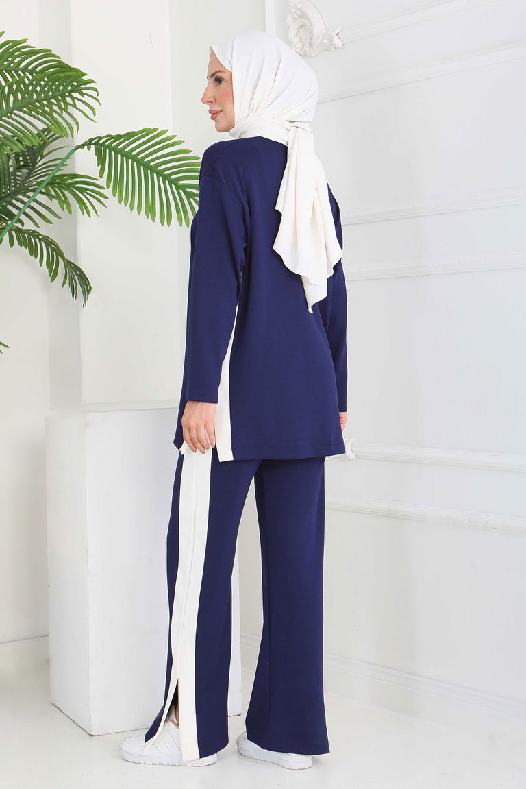 Garnili Yırtmaçlı Modal İkili Takım - 28012-LACIVERT - TOFİSA