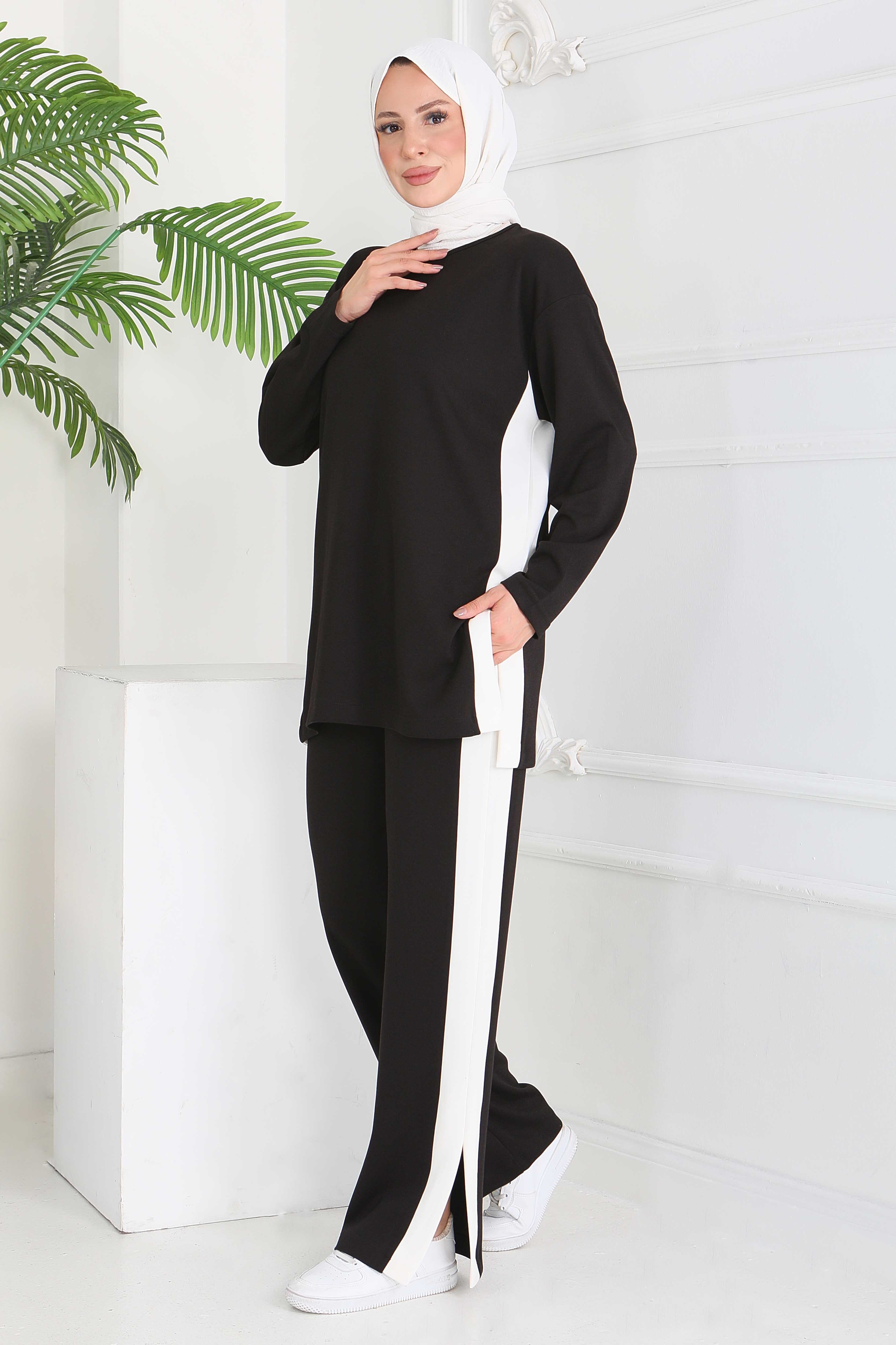 Garnili Yırtmaçlı Modal İkili Takım - 28012-SIYAH - 2