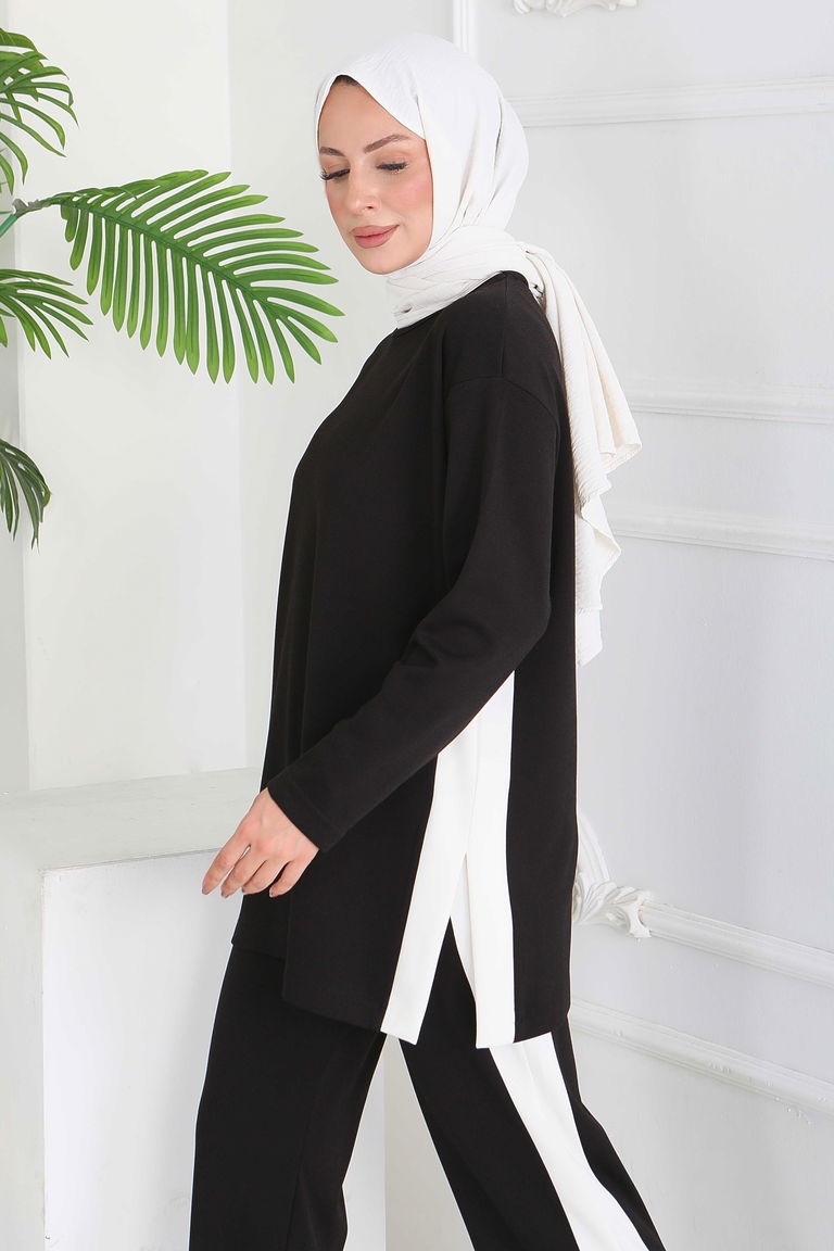 Garnili Yırtmaçlı Modal İkili Takım - 28012-SIYAH - TOFİSA