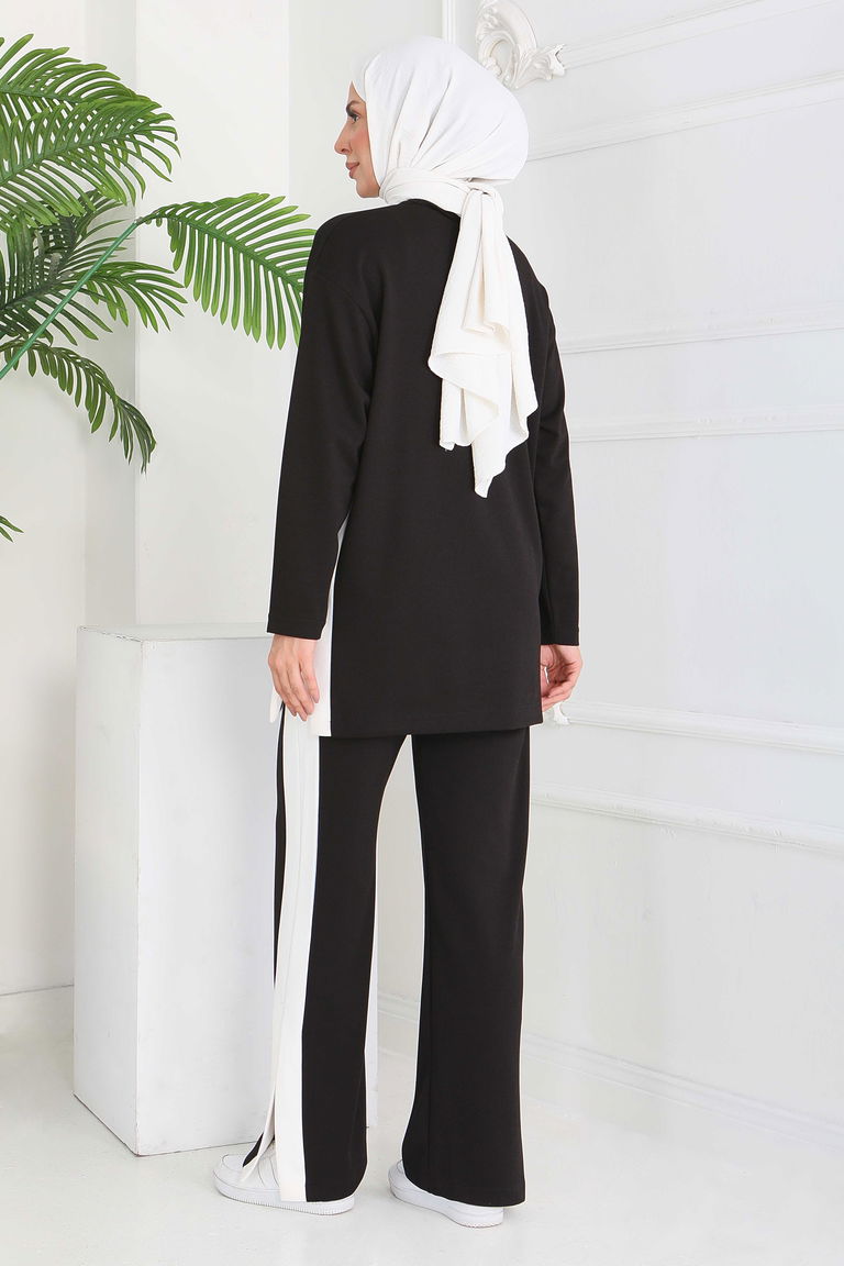 Garnili Yırtmaçlı Modal İkili Takım - 28012-SIYAH - TOFİSA