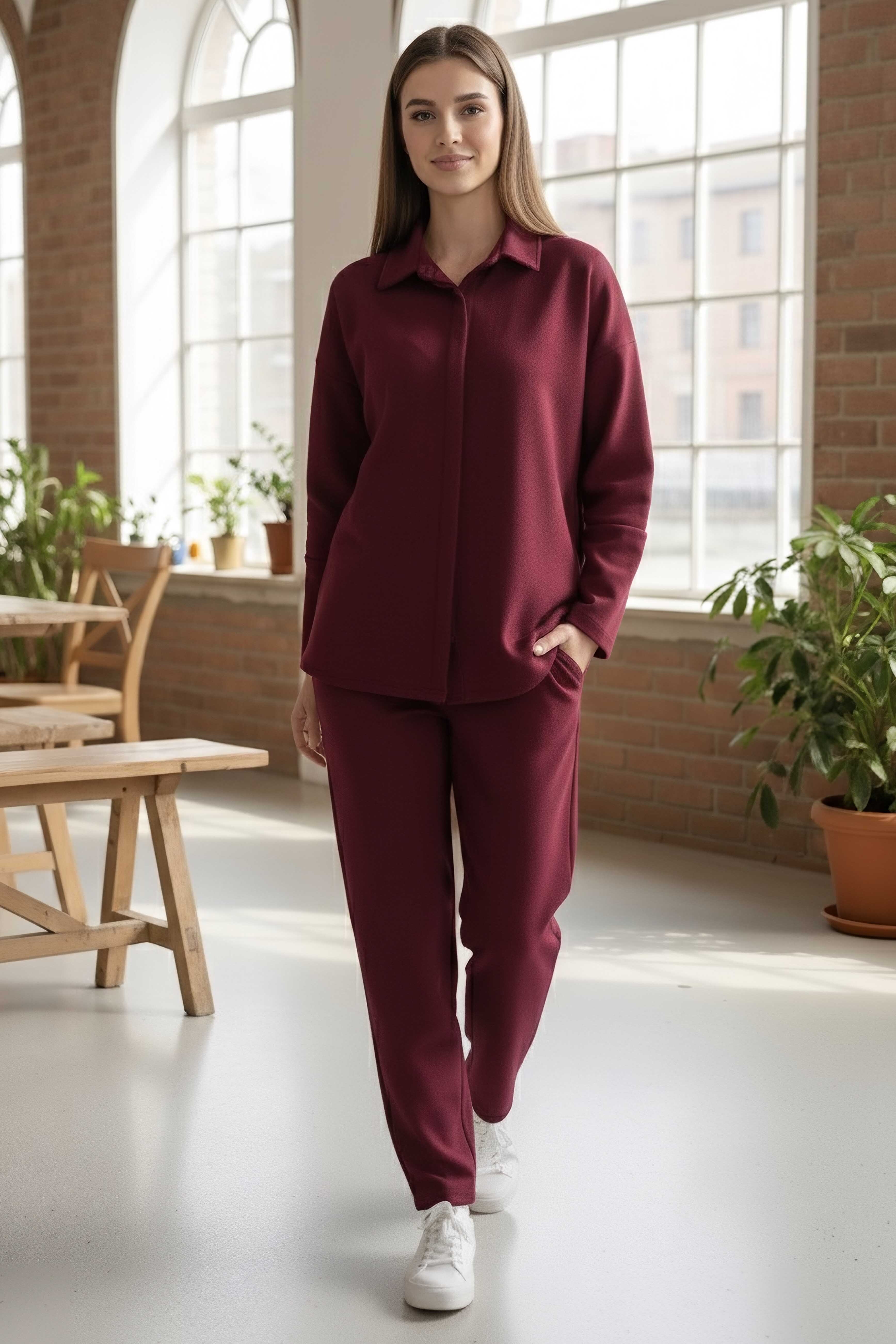 Geniş Kollu Modaal İkili Takım - 28059-BORDO - 2