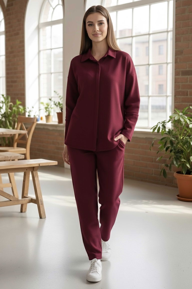 Geniş Kollu Modaal İkili Takım - 28059-BORDO - TOFİSA