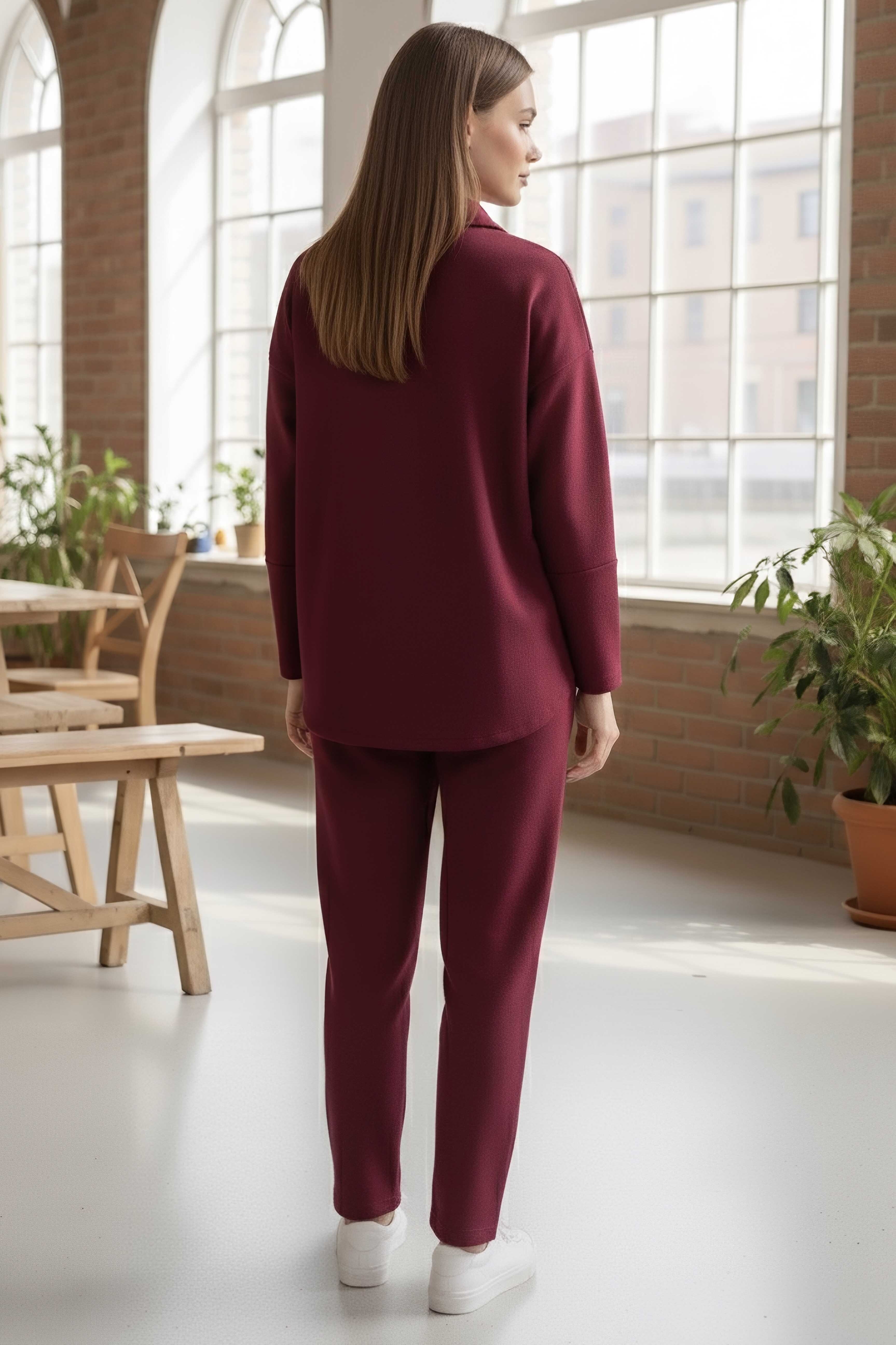 Geniş Kollu Modaal İkili Takım - 28059-BORDO - 3