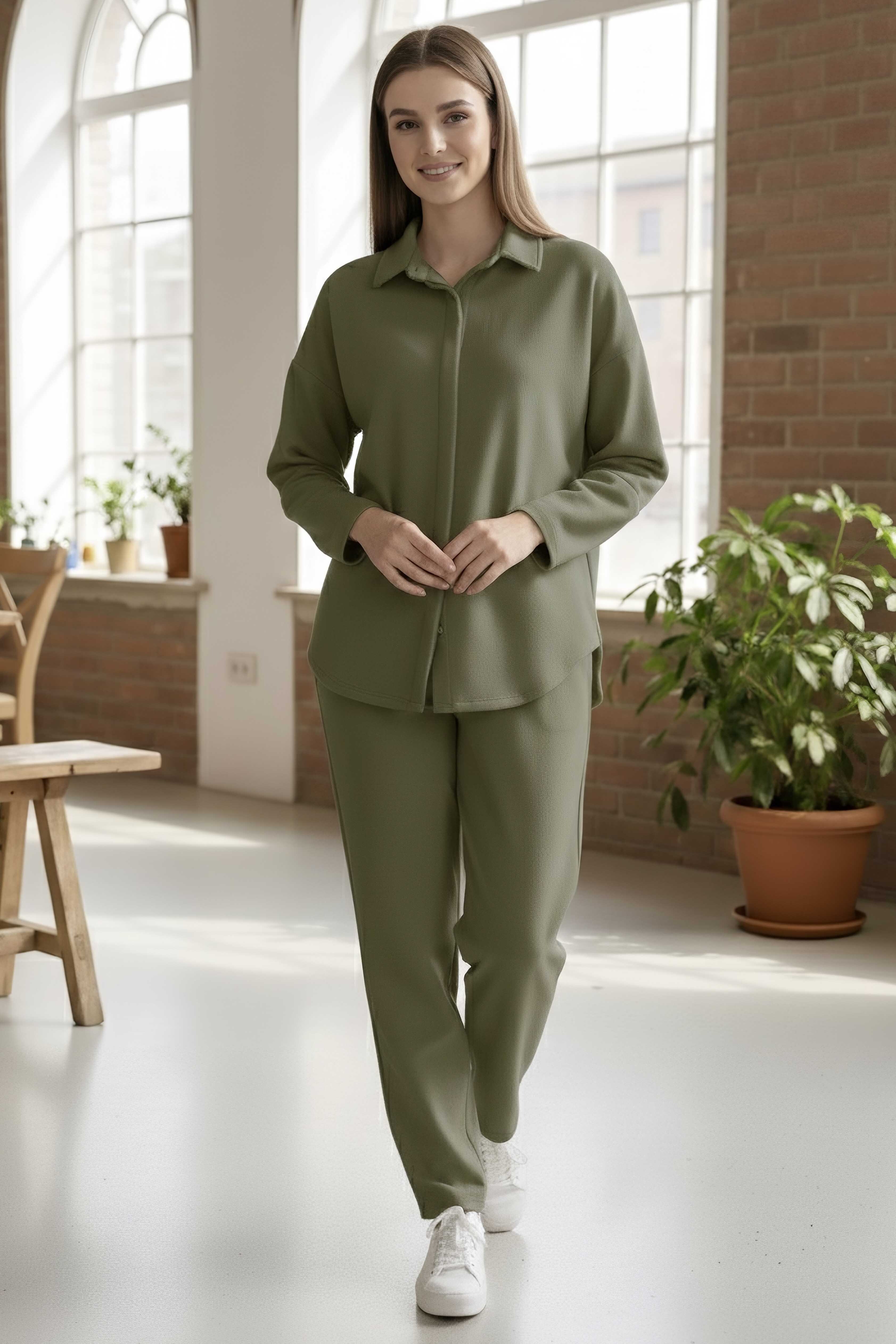 Geniş Kollu Modaal İkili Takım - 28059-HAKI - 2